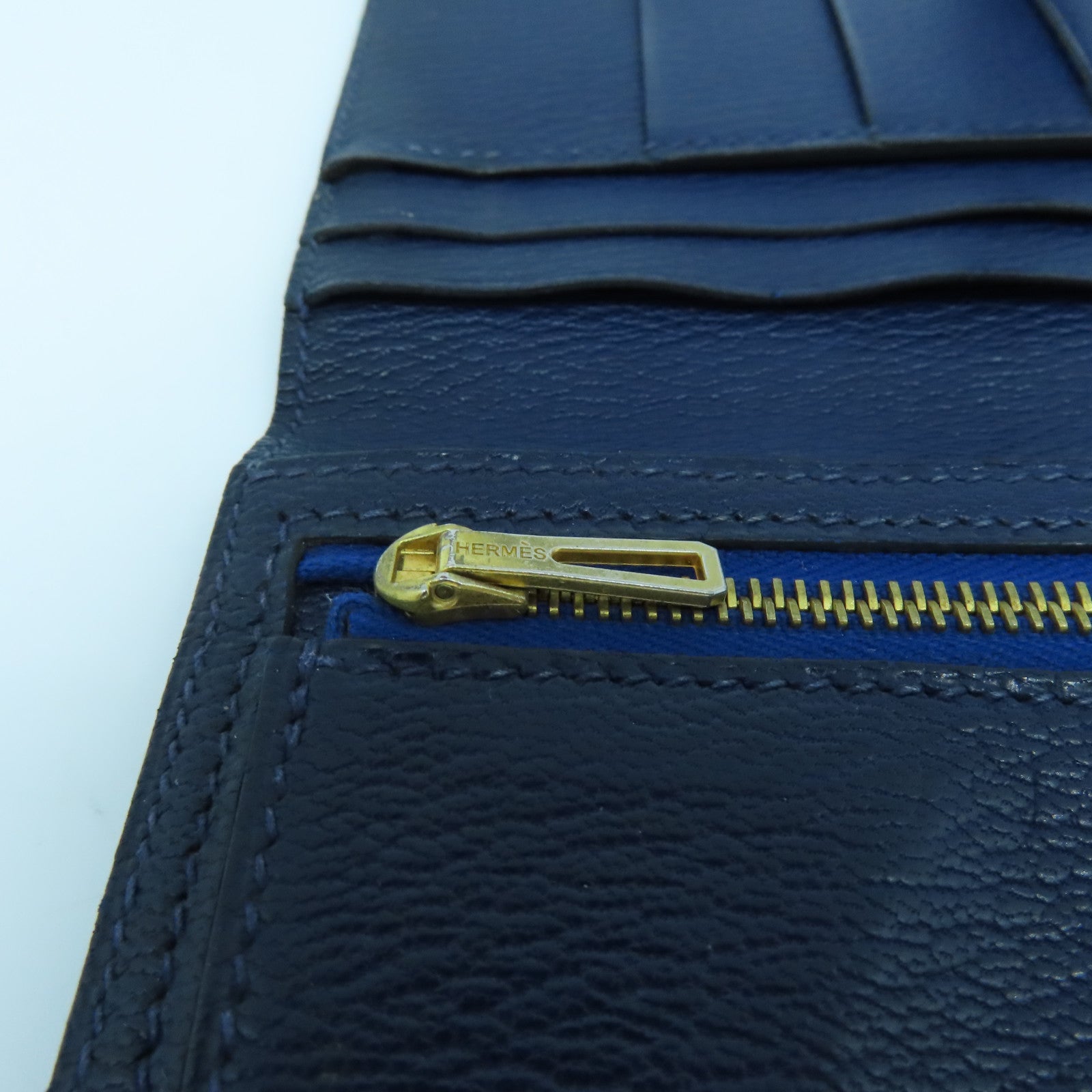 HERMES 【激減優惠】蜥蝪皮革Bearn W Snap金扣長錢包藍色