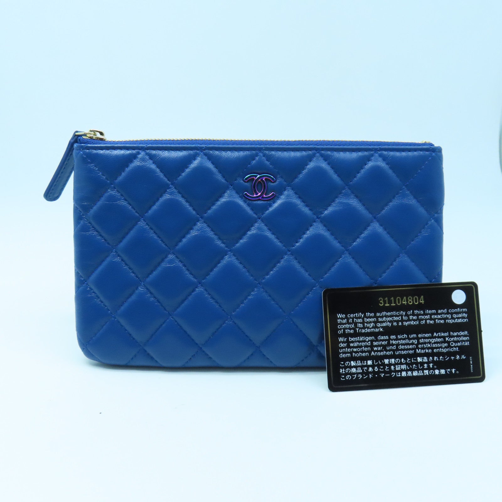 CHANEL diamond leather Pouch gold buckle clutch blue