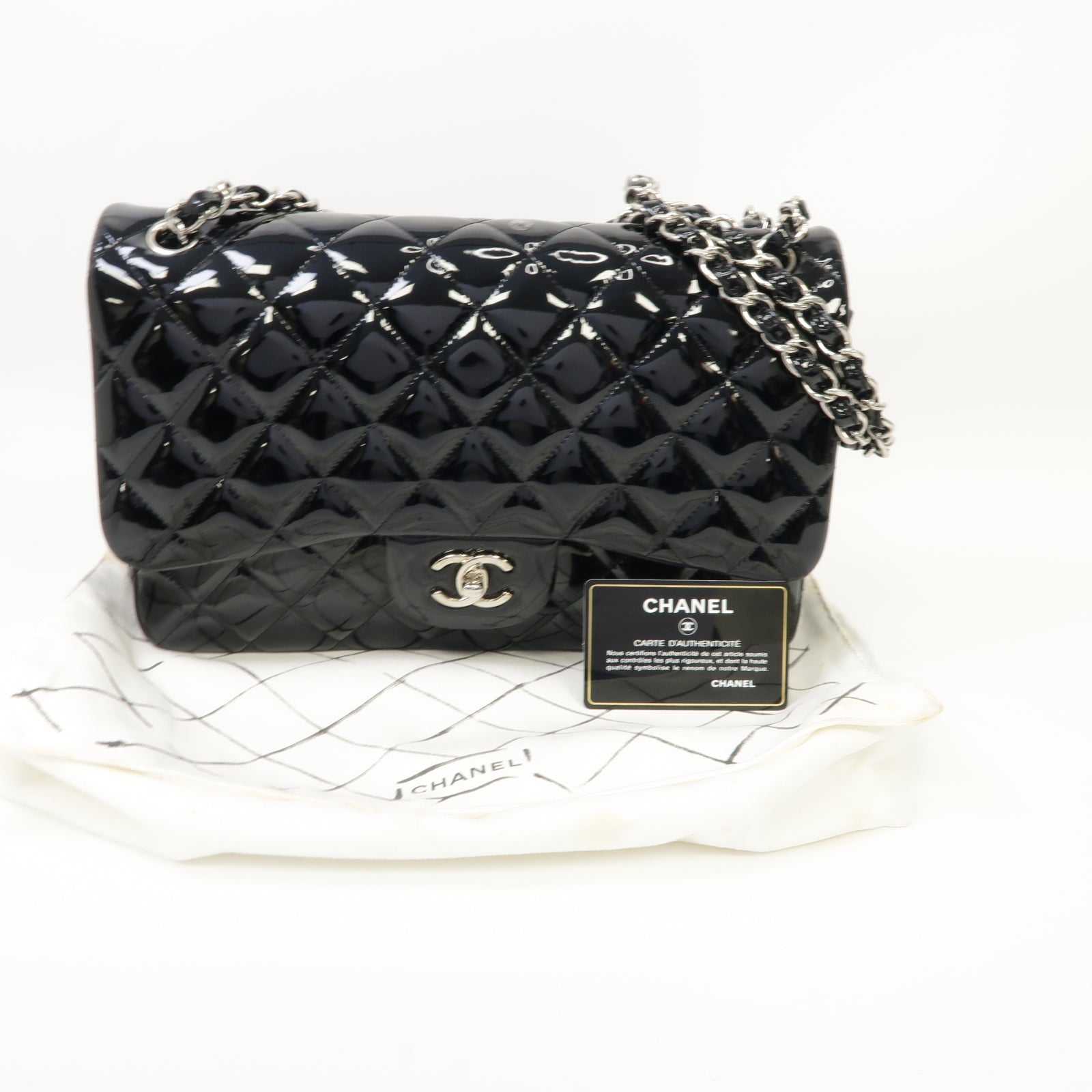 CHANEL 菱格漆皮皮革Classic銀扣鏈帶肩背袋黑色