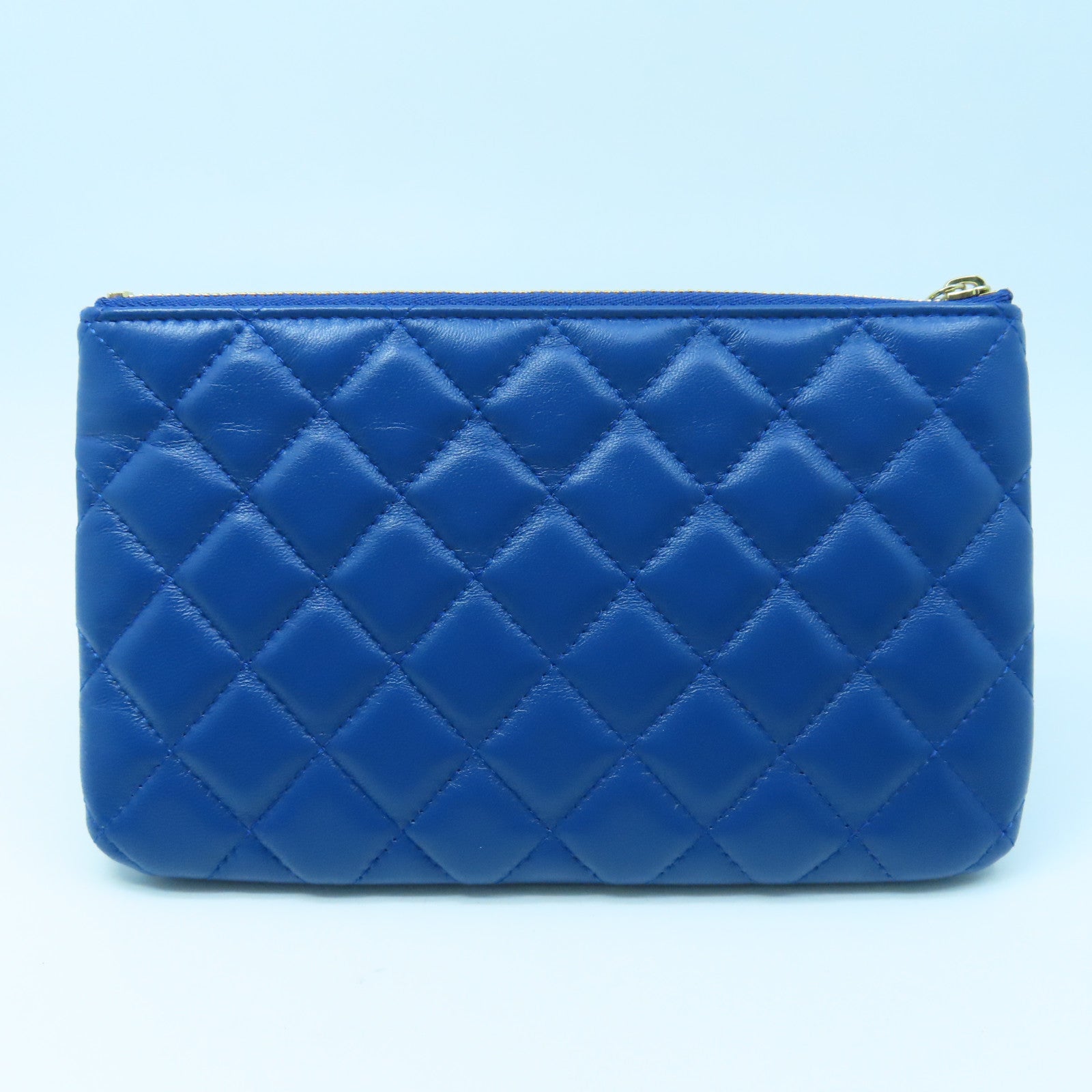 CHANEL diamond leather Pouch gold buckle clutch blue