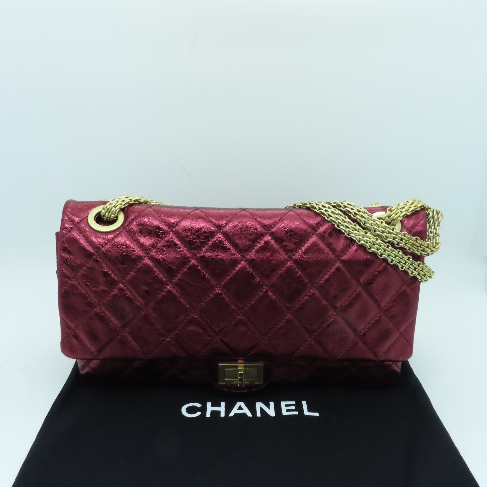 CHANEL 【激減優惠】菱格牛皮皮革2.55金扣鏈帶肩背袋紅色