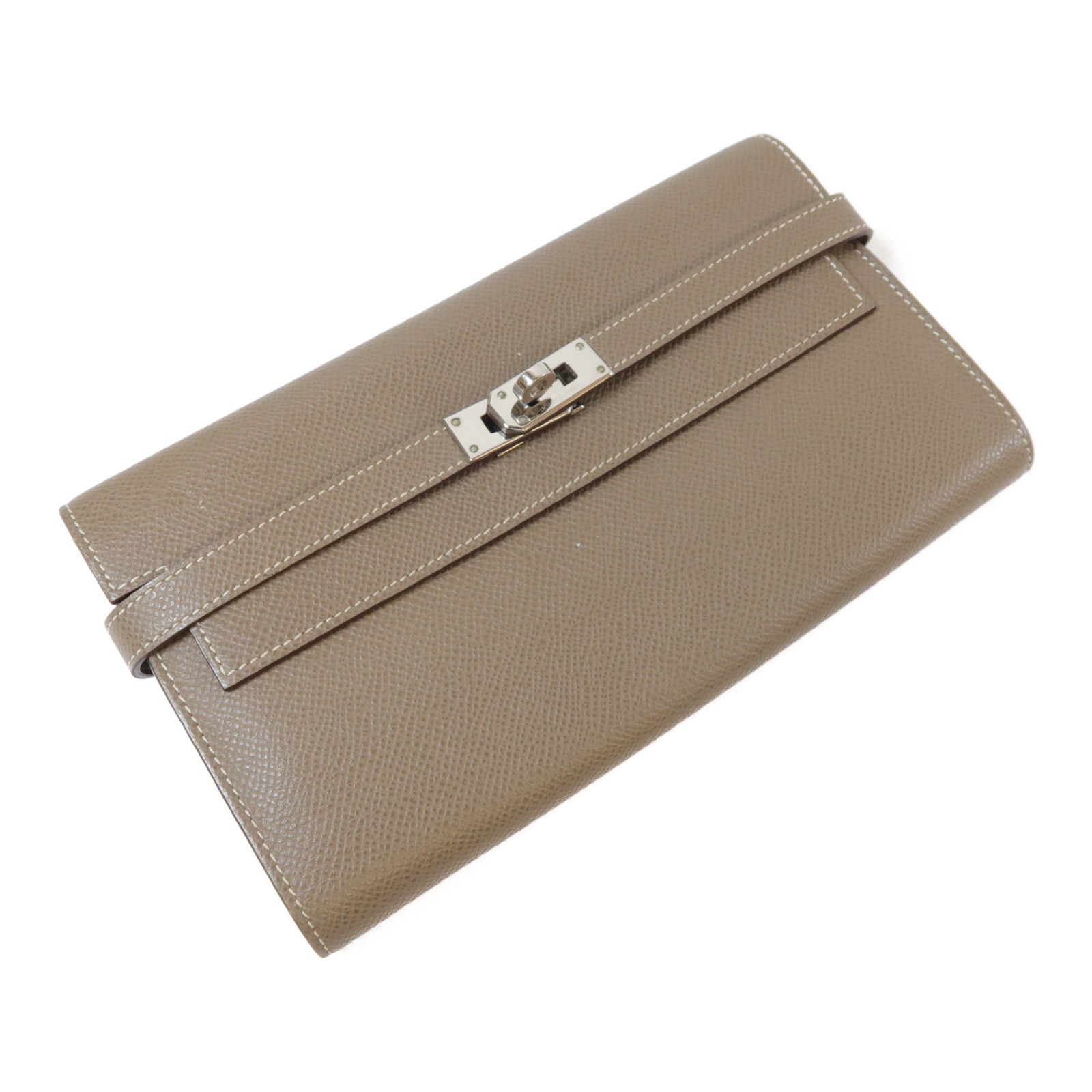 HERMES Epsom皮革Kelly Wallet銀扣長錢包Etoupe大象灰