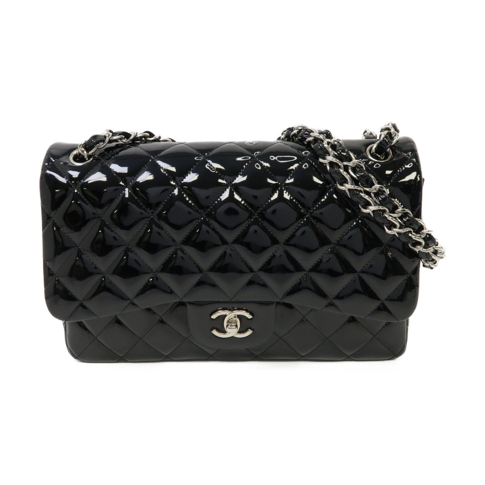 CHANEL 菱格漆皮皮革Classic銀扣鏈帶肩背袋黑色