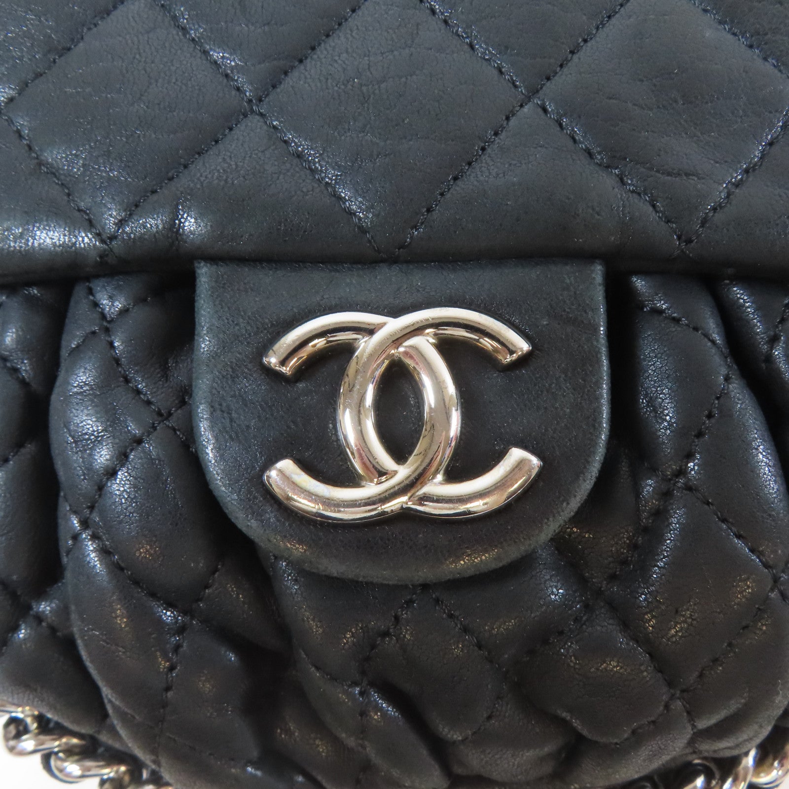 CHANEL 菱格牛皮皮革Chain Shoulder銀扣鏈帶肩背袋黑色