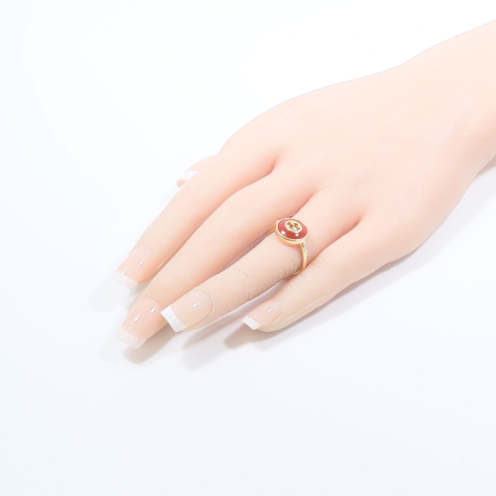 GUCCI 18K黃金Interlocking G Ring紅玉髓/鑽石戒指