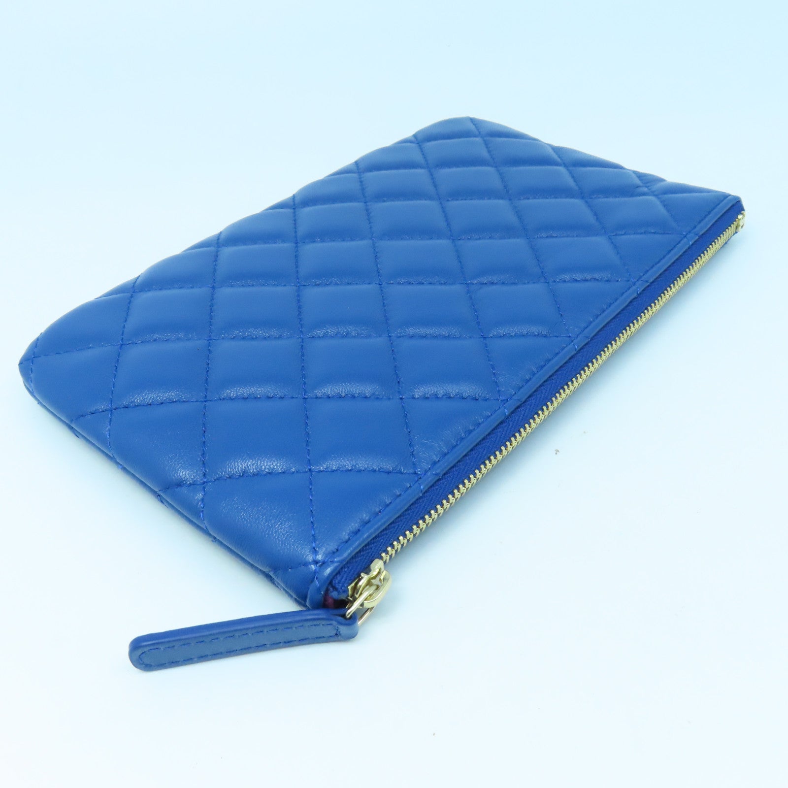 CHANEL diamond leather Pouch gold buckle clutch blue