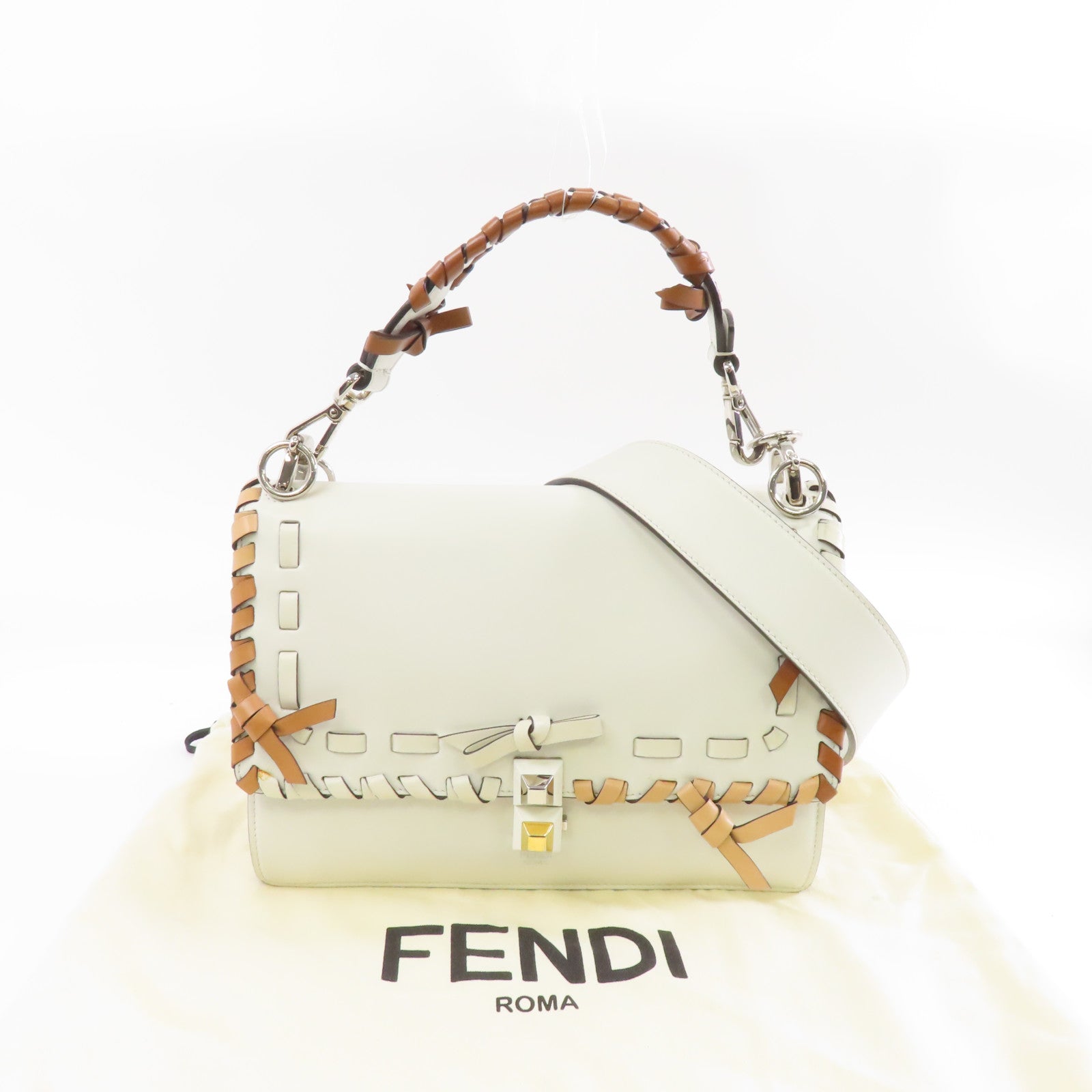 FENDI 【激減優惠】牛皮皮革2way Shoulder Bag銀扣手挽肩背兩用袋白色