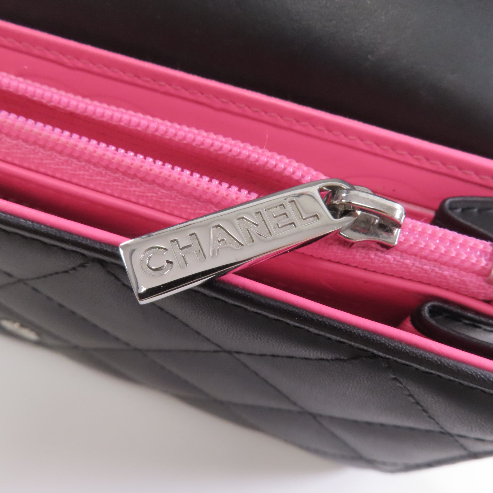 CHANEL 菱格牛皮皮革Cambon Wallet銀扣長錢包黑色