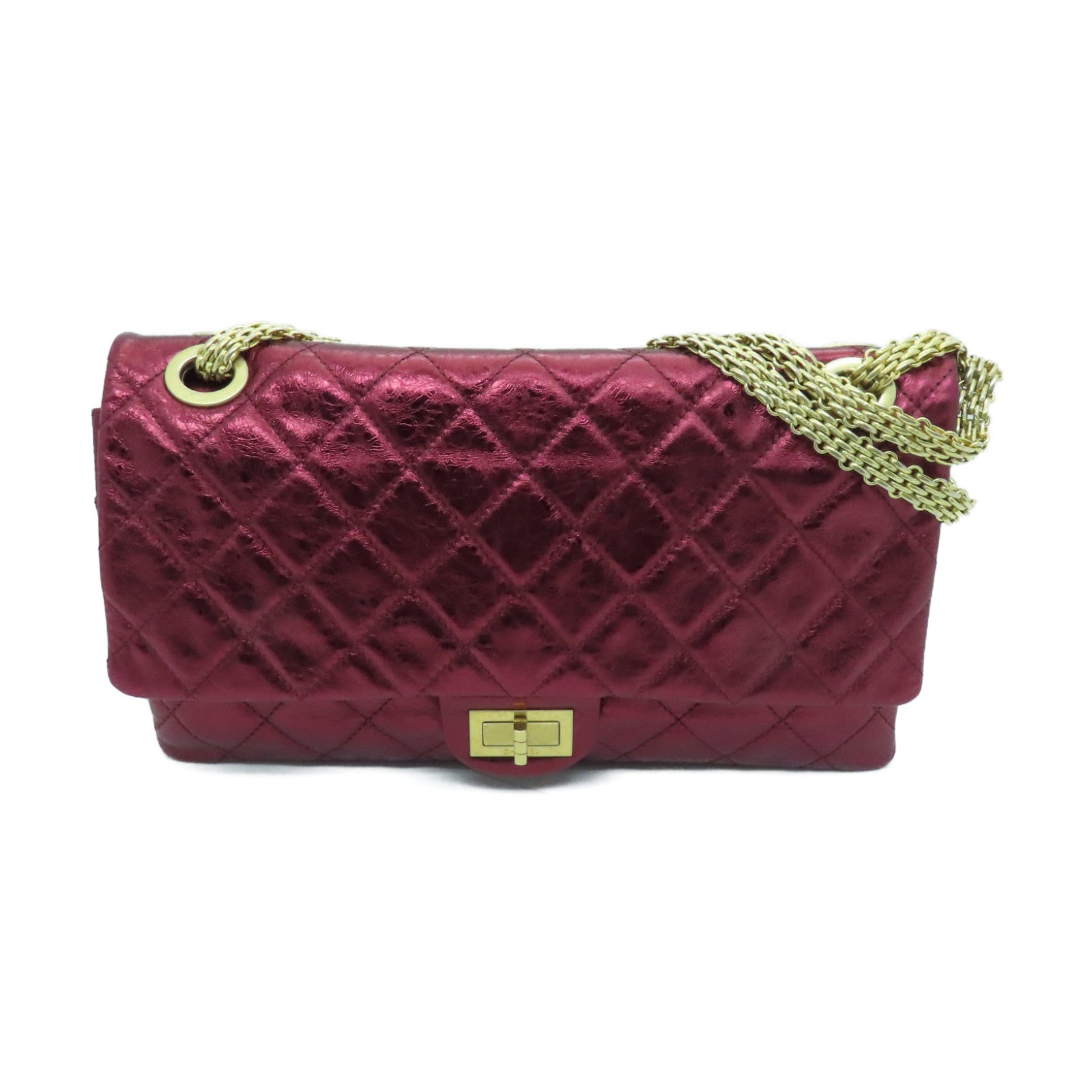 CHANEL 【激減優惠】菱格牛皮皮革2.55金扣鏈帶肩背袋紅色