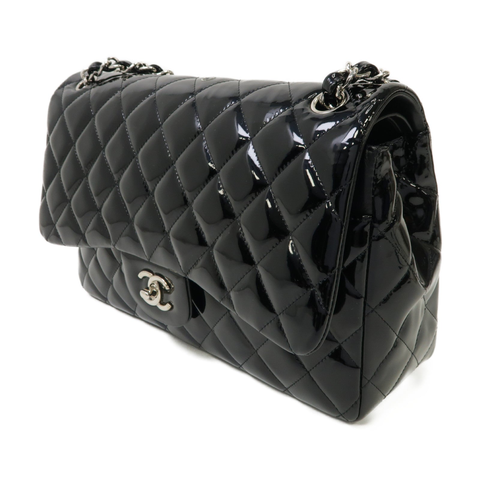 CHANEL 菱格漆皮皮革Classic銀扣鏈帶肩背袋黑色