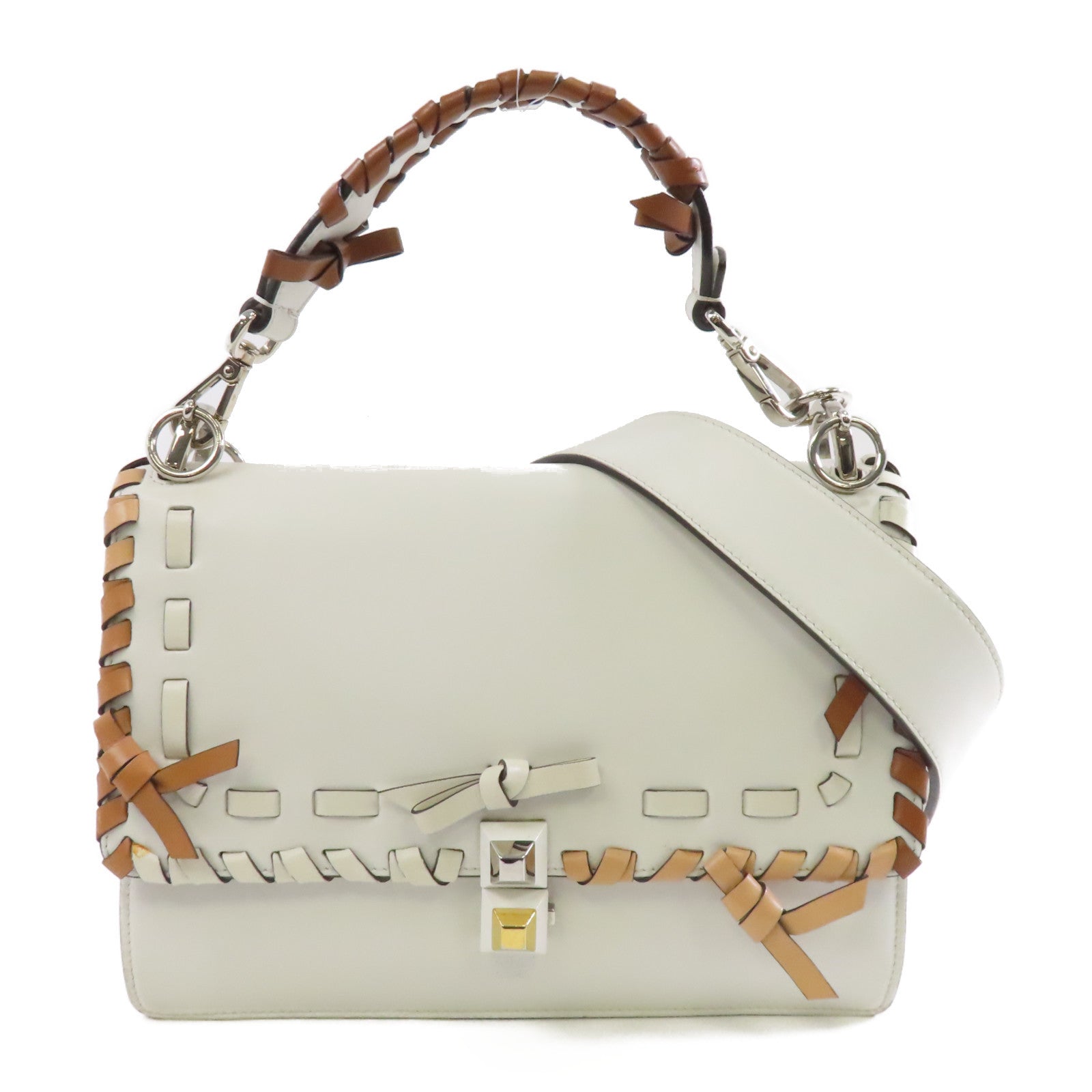 FENDI 【激減優惠】牛皮皮革2way Shoulder Bag銀扣手挽肩背兩用袋白色