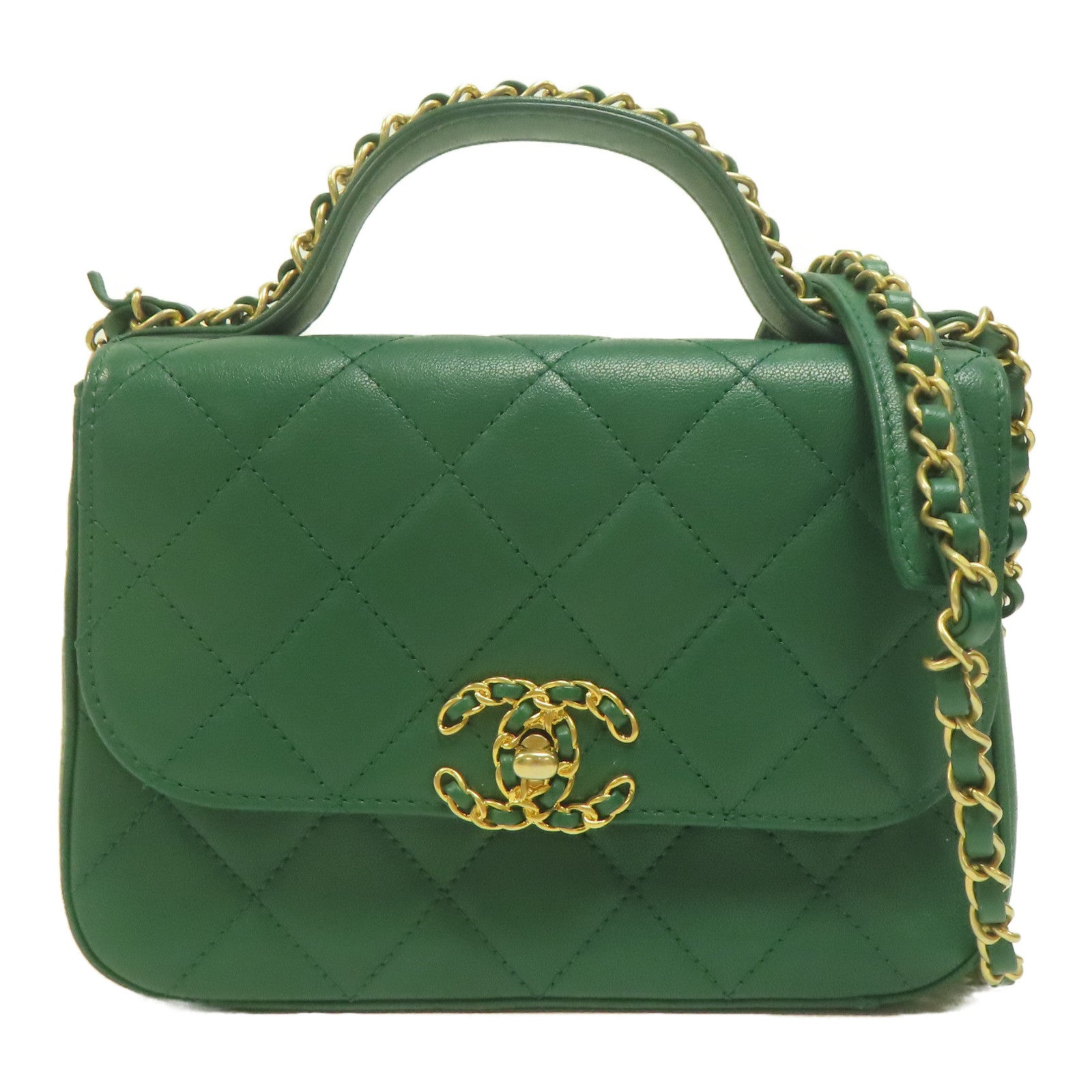 CHANEL 菱格羊皮皮革Chain Infinity Top Handle Flap Bag金扣鏈帶手挽肩背兩用袋綠色