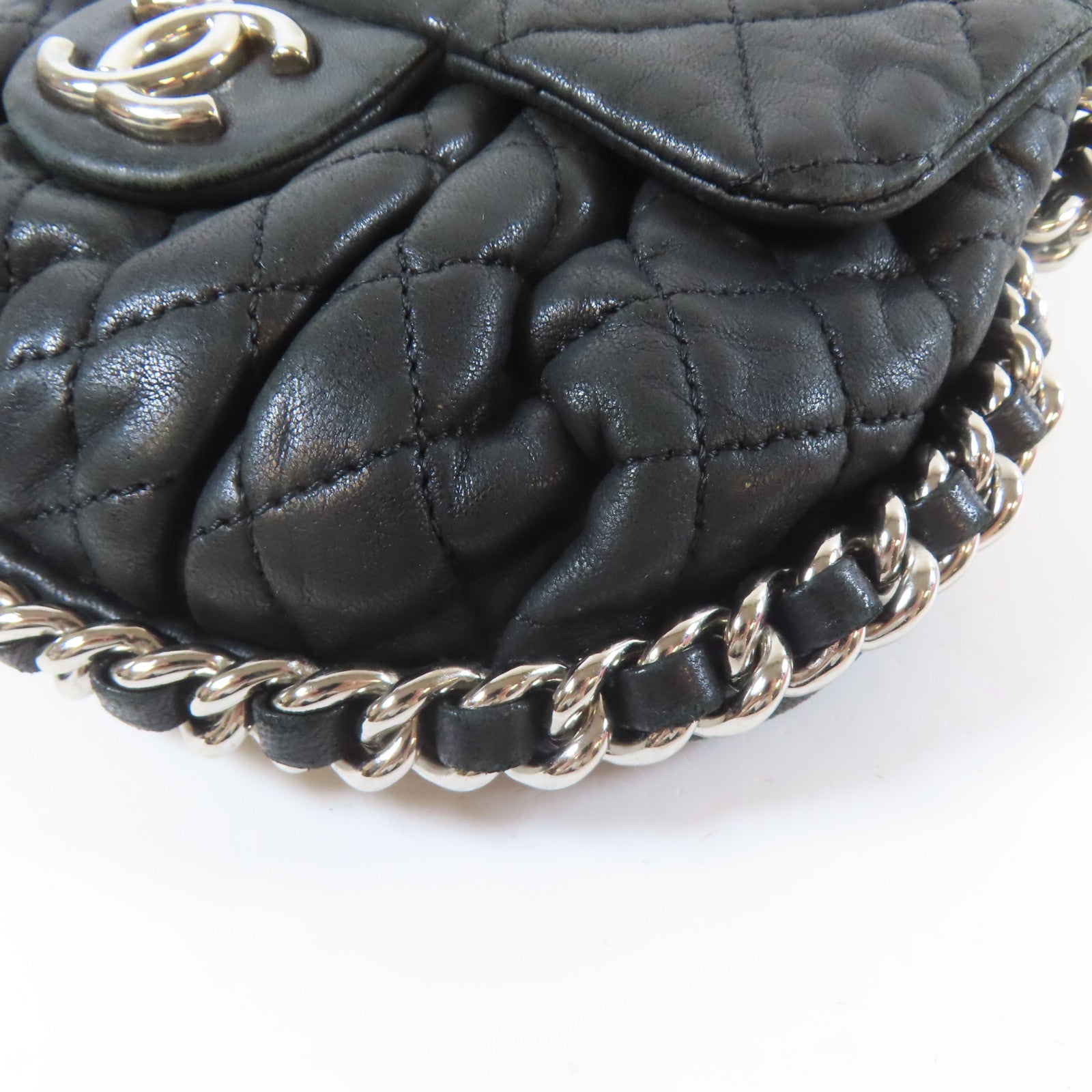 CHANEL 菱格牛皮皮革Chain Shoulder銀扣鏈帶肩背袋黑色
