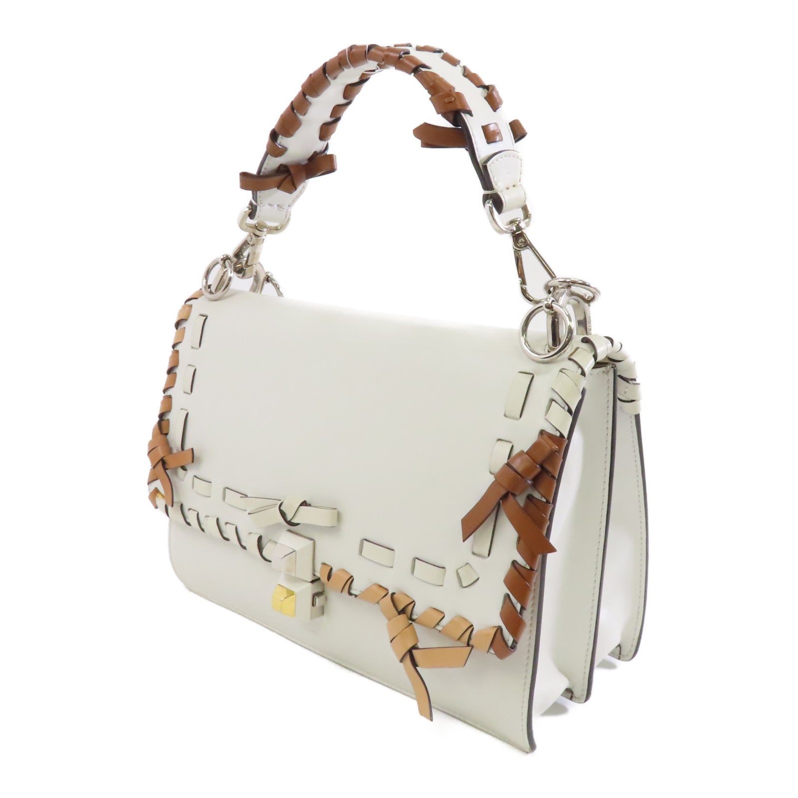FENDI 【激減優惠】牛皮皮革2way Shoulder Bag銀扣手挽肩背兩用袋白色