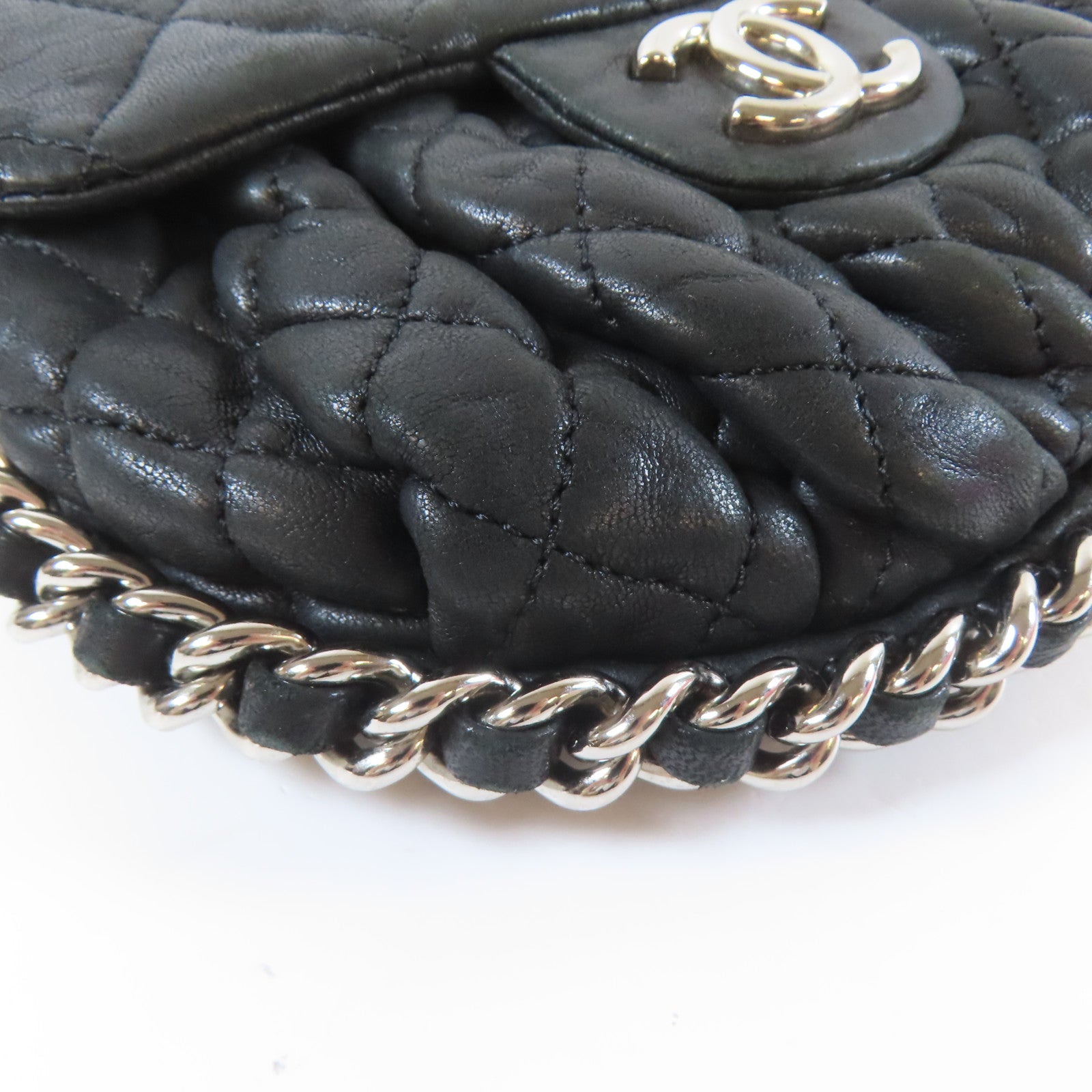 CHANEL 菱格牛皮皮革Chain Shoulder銀扣鏈帶肩背袋黑色
