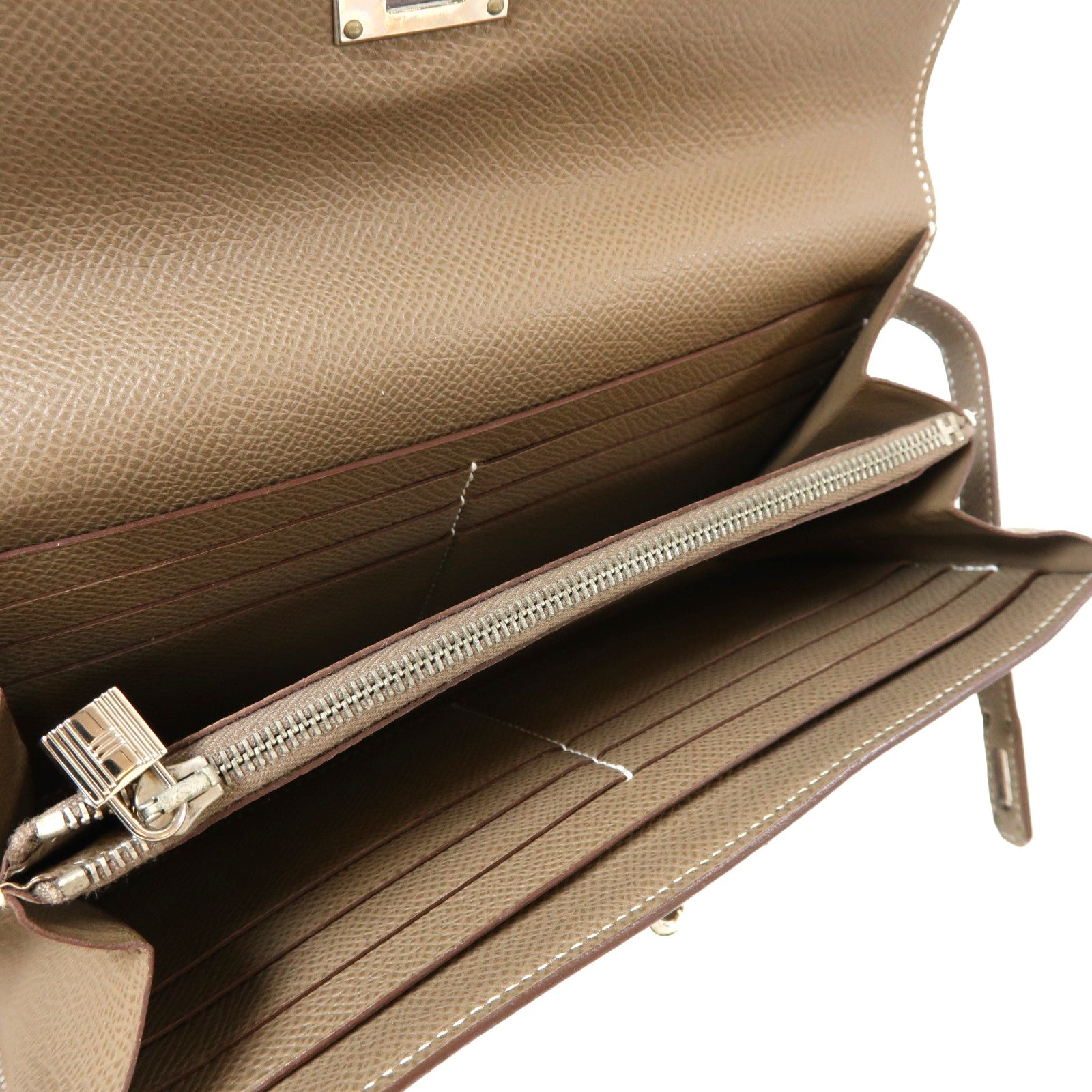 HERMES Epsom皮革Kelly Wallet銀扣長錢包Etoupe大象灰