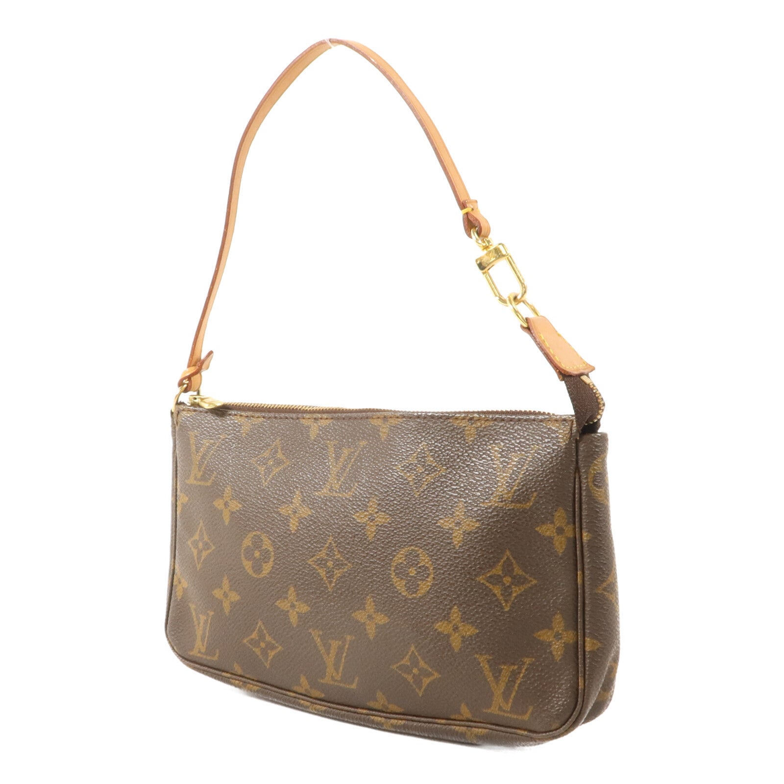 LOUIS VUITTON Monogram Pochette Accessoires金扣手挽袋棕色
