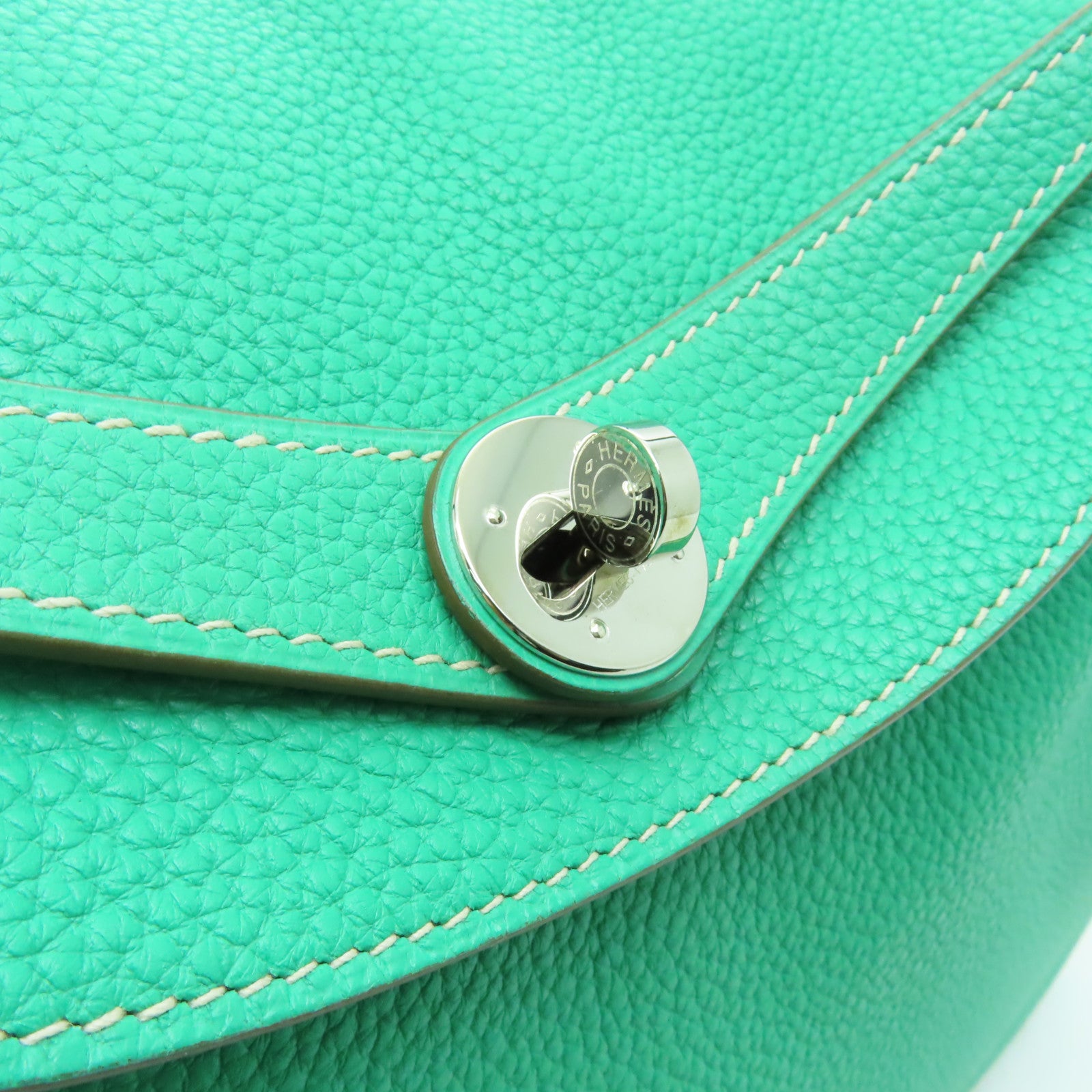 HERMES 【激減優惠】Clemence皮革Lindy 34銀扣手挽肩背兩用袋Menthe/Gris Tourterelle綠色