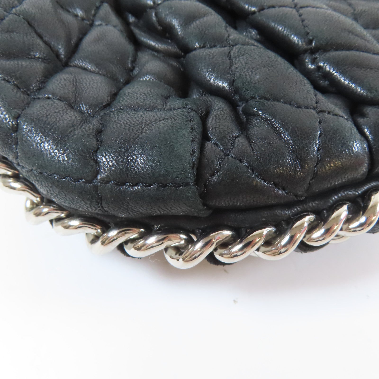 CHANEL 菱格牛皮皮革Chain Shoulder銀扣鏈帶肩背袋黑色