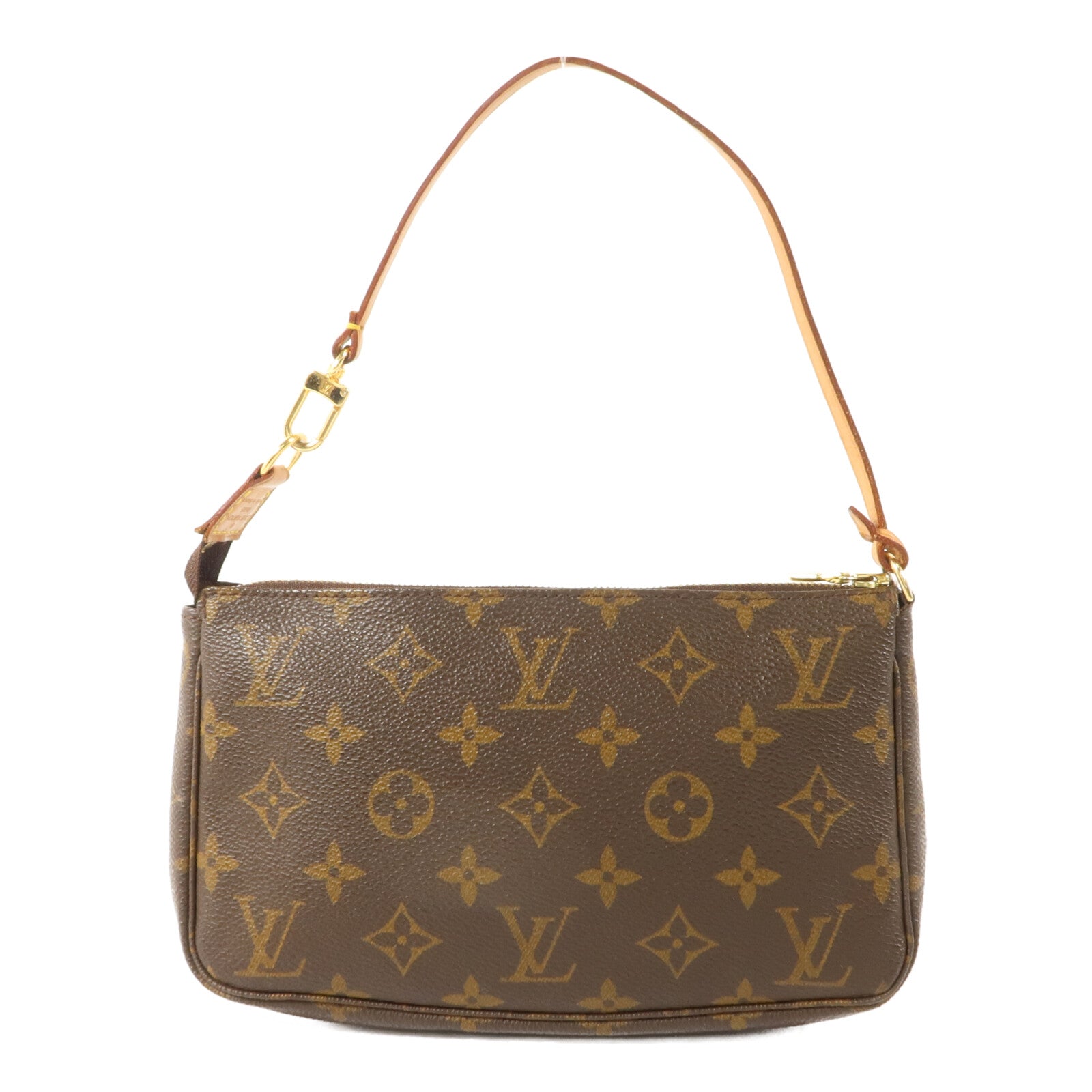 LOUIS VUITTON Monogram Pochette Accessoires金扣手挽袋棕色