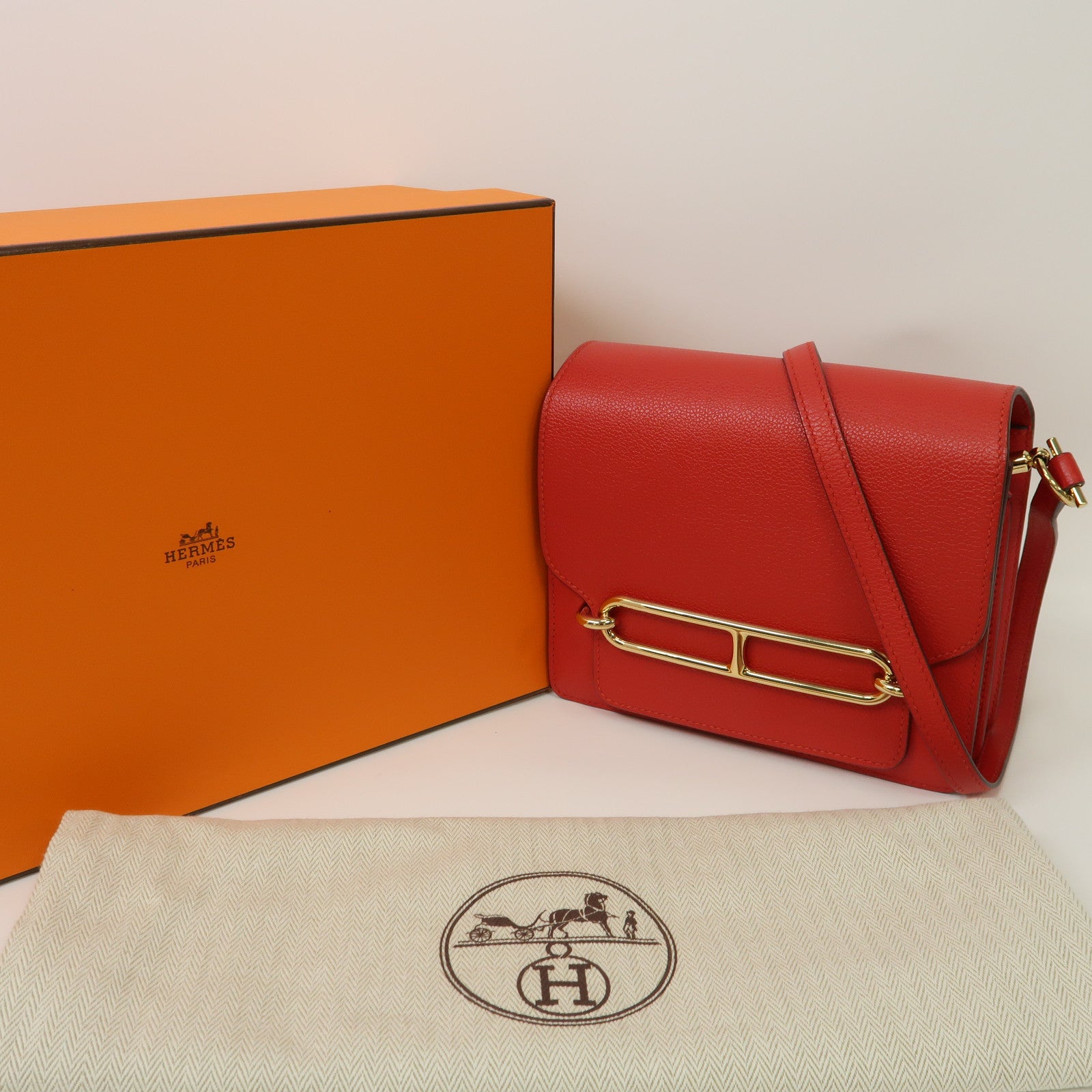 HERMES 【清倉大減價】Evercolor皮革Mini Roulis金扣肩背袋Rouge Casaque法拉利紅