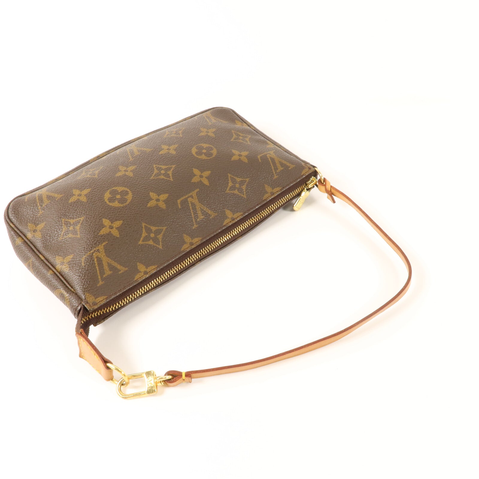LOUIS VUITTON Monogram Pochette Accessoires金扣手挽袋棕色
