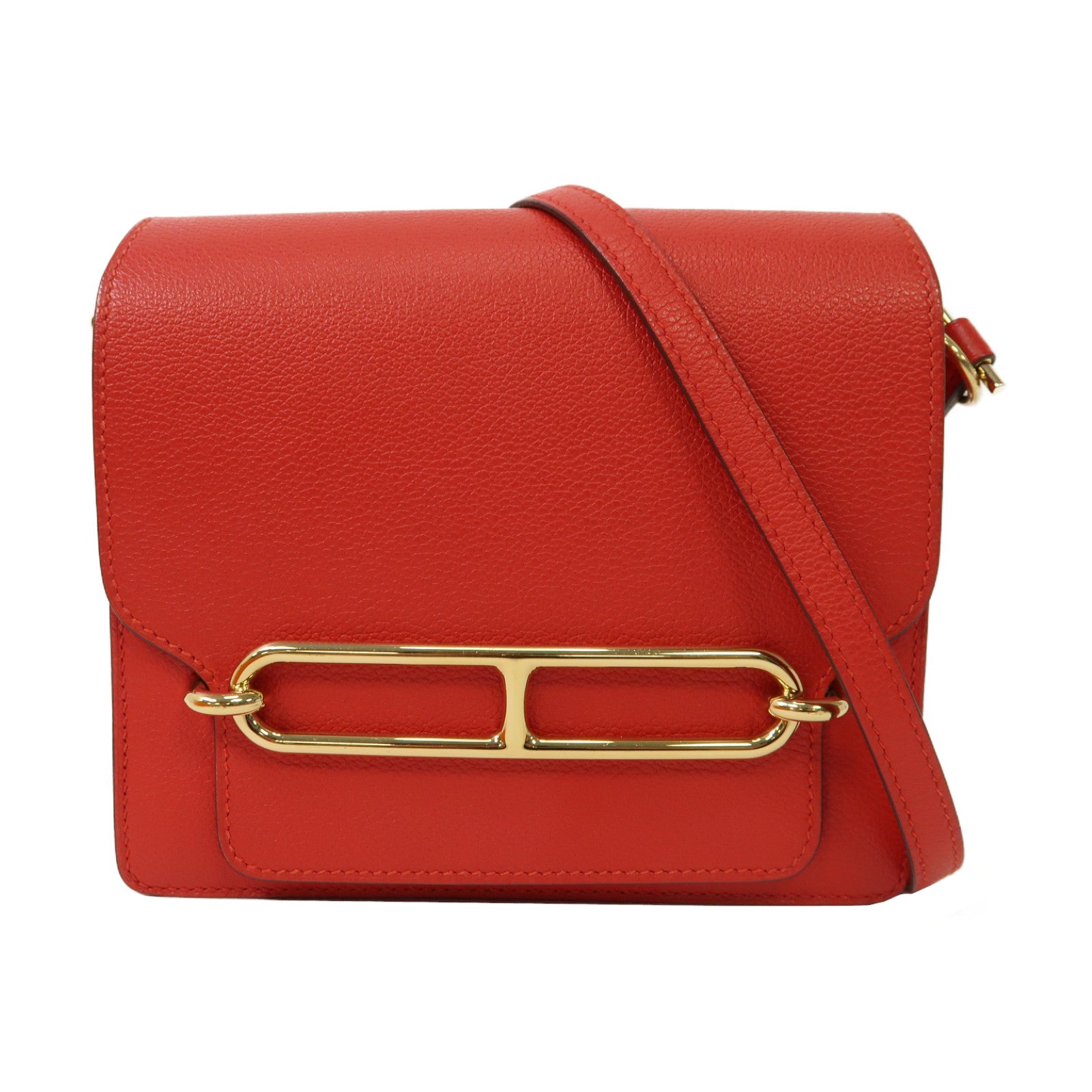 HERMES Evercolor皮革Mini Roulis金扣肩背袋Rouge Casaque法拉利紅