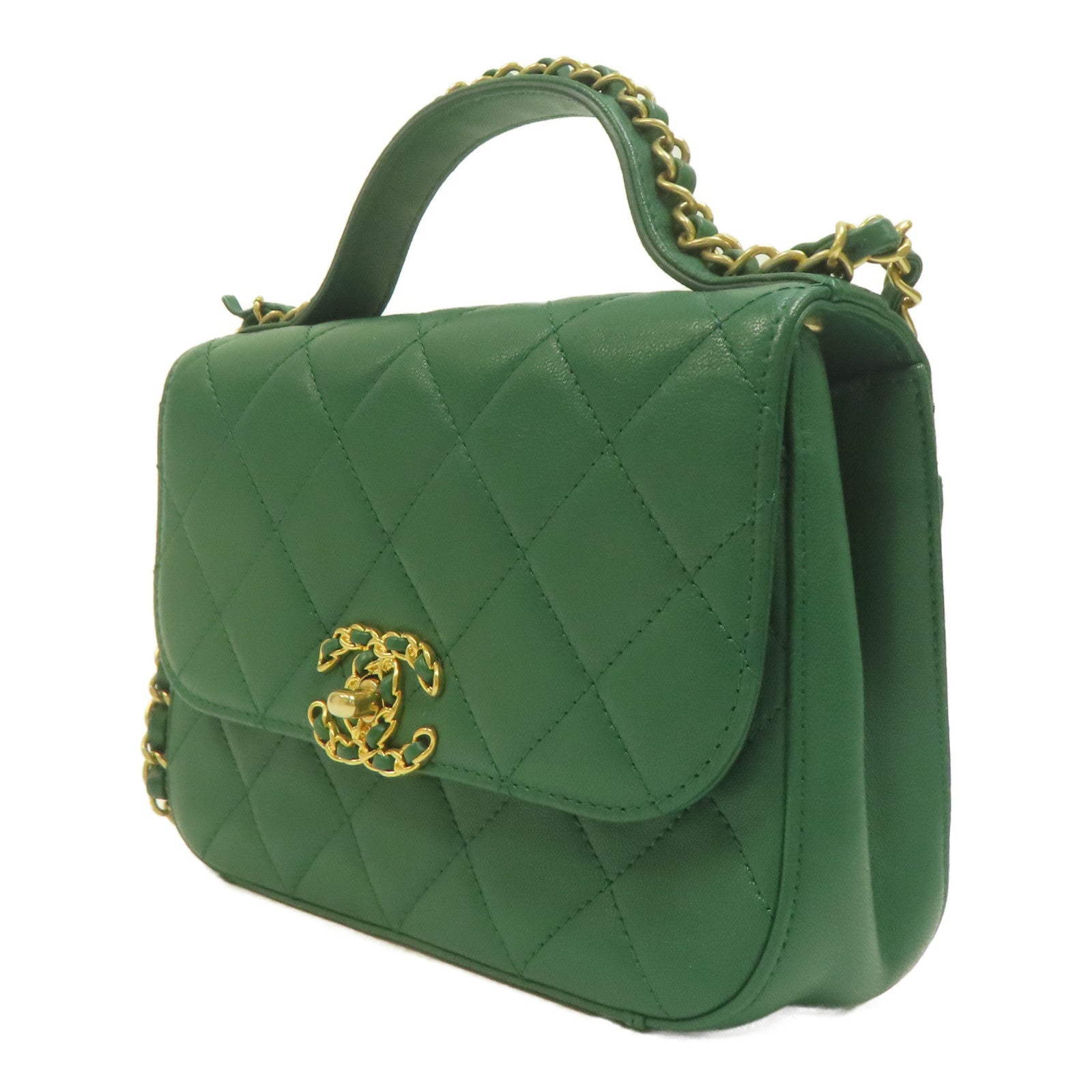 CHANEL 菱格羊皮皮革Chain Infinity Top Handle Flap Bag金扣鏈帶手挽肩背兩用袋綠色