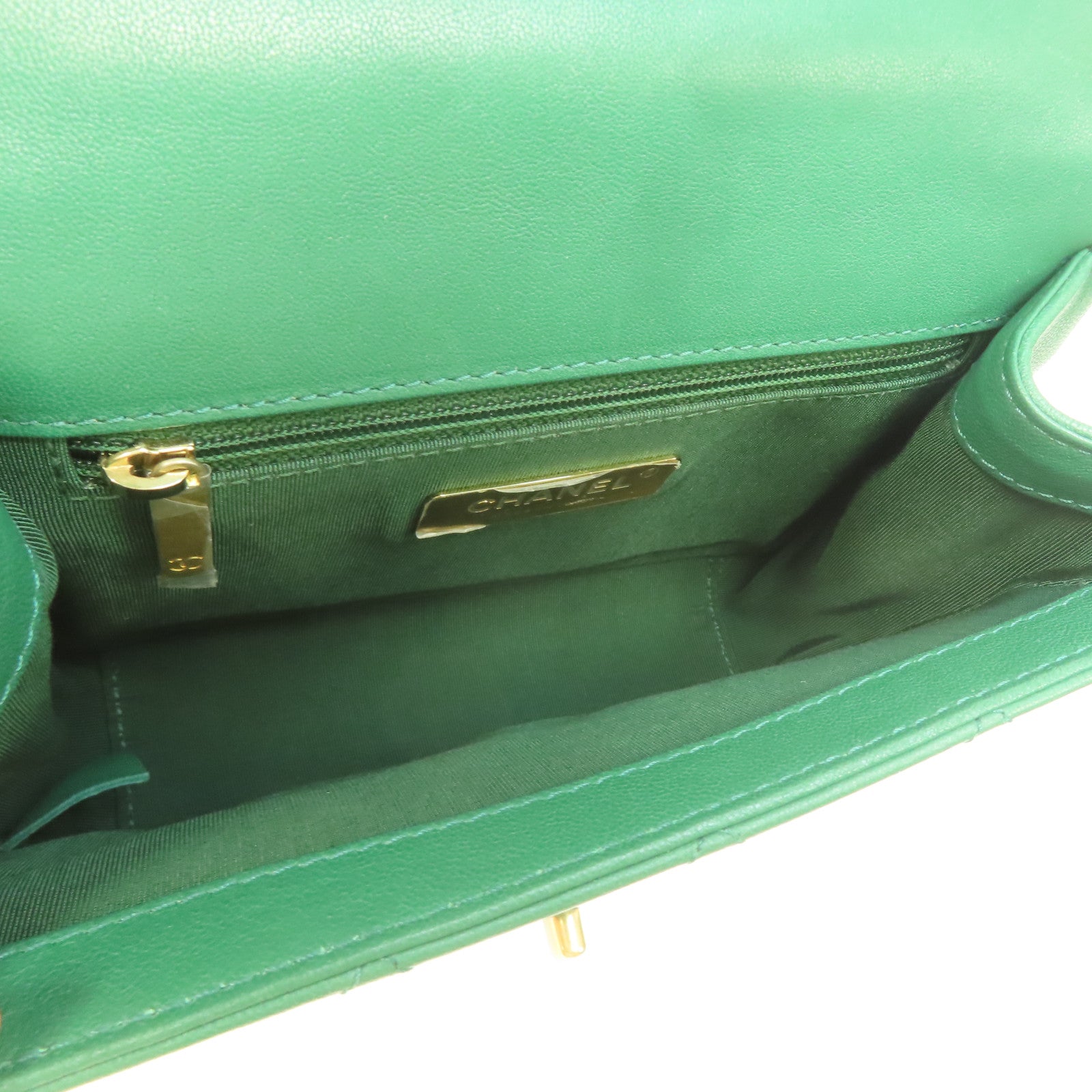 CHANEL 菱格羊皮皮革Chain Infinity Top Handle Flap Bag金扣鏈帶手挽肩背兩用袋綠色