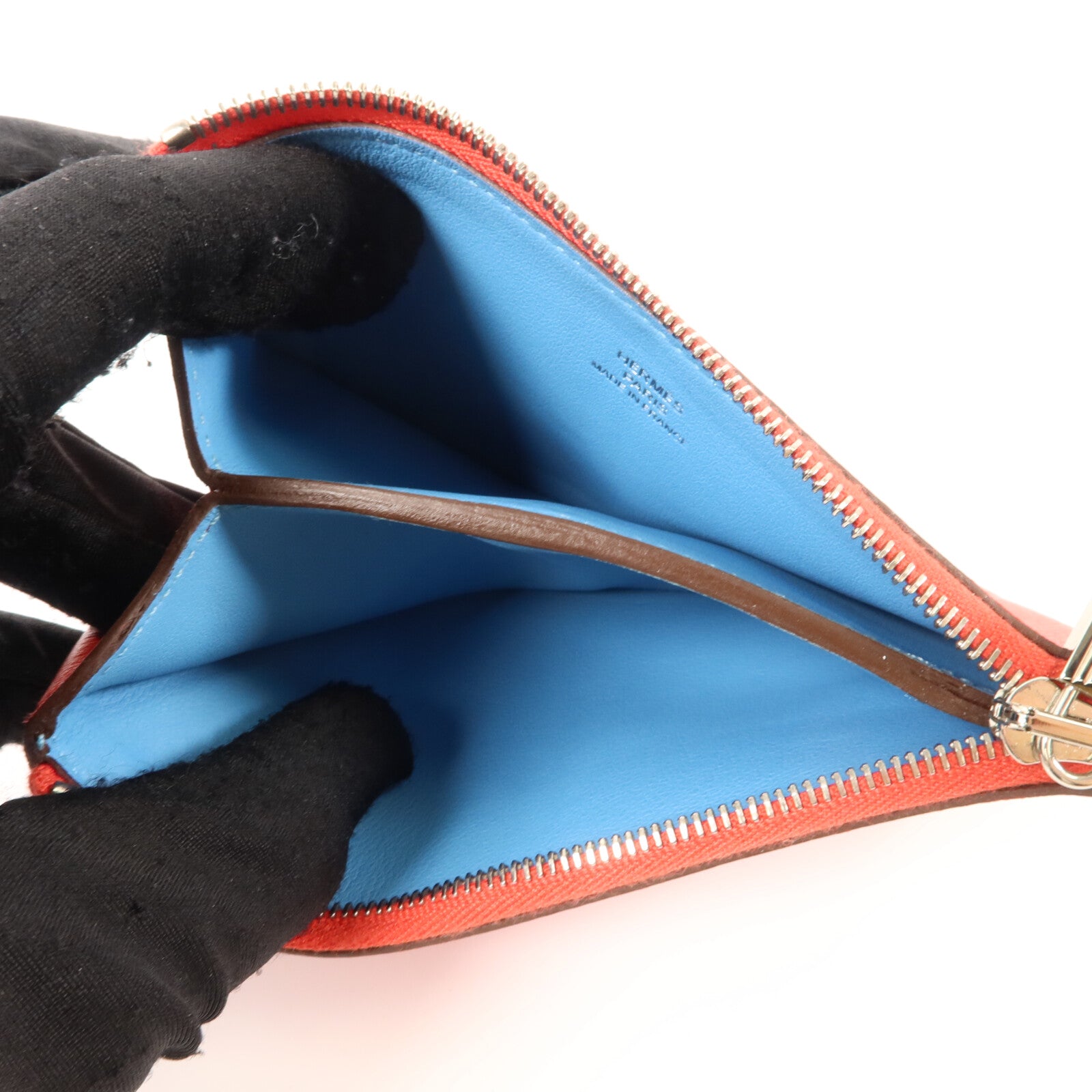 HERMES Evercolor皮革Atout Pouch 14(PM)小袋Rouge Casaque/Bleu Du Nord