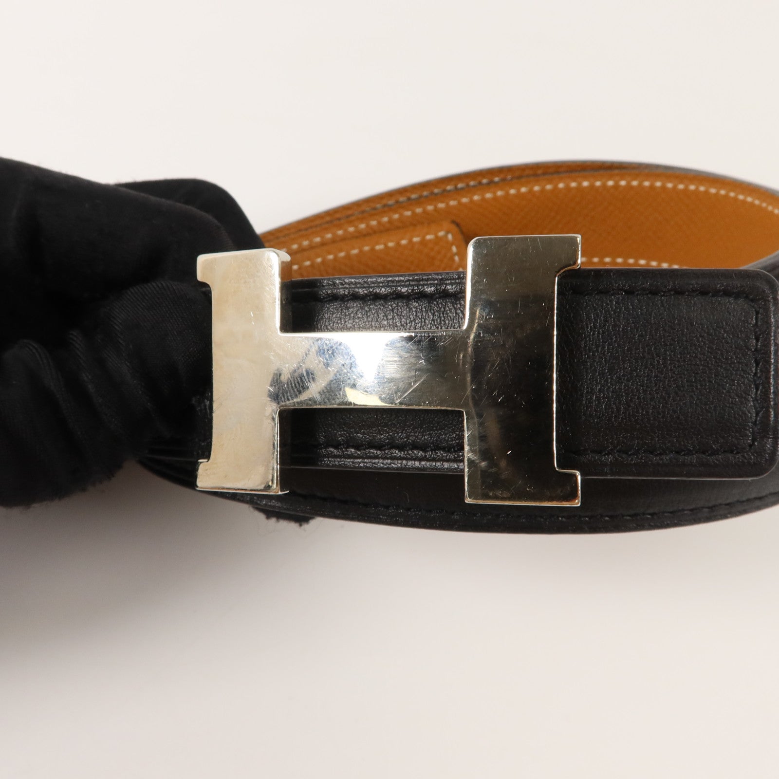 HERMES Epsom皮革/Swift皮革Mini H Belt 80cm皮帶Noir/Gold