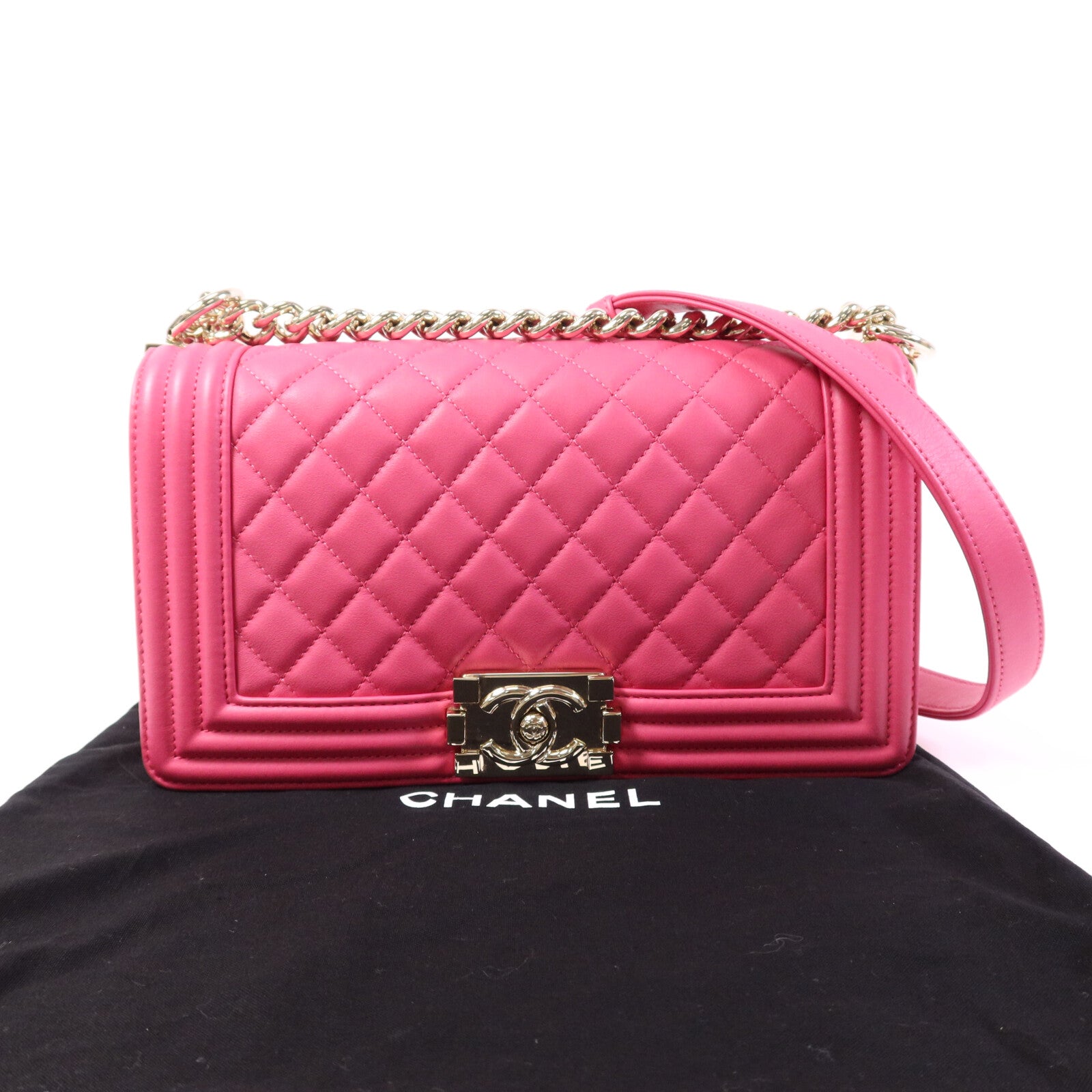 CHANEL 羊皮皮革Boy 25金扣鏈帶肩背袋