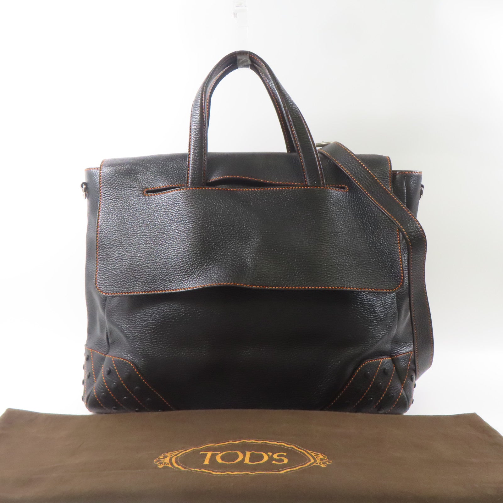 TOD'S 牛皮皮革2 Way Bag銀扣手挽肩背兩用袋黑色