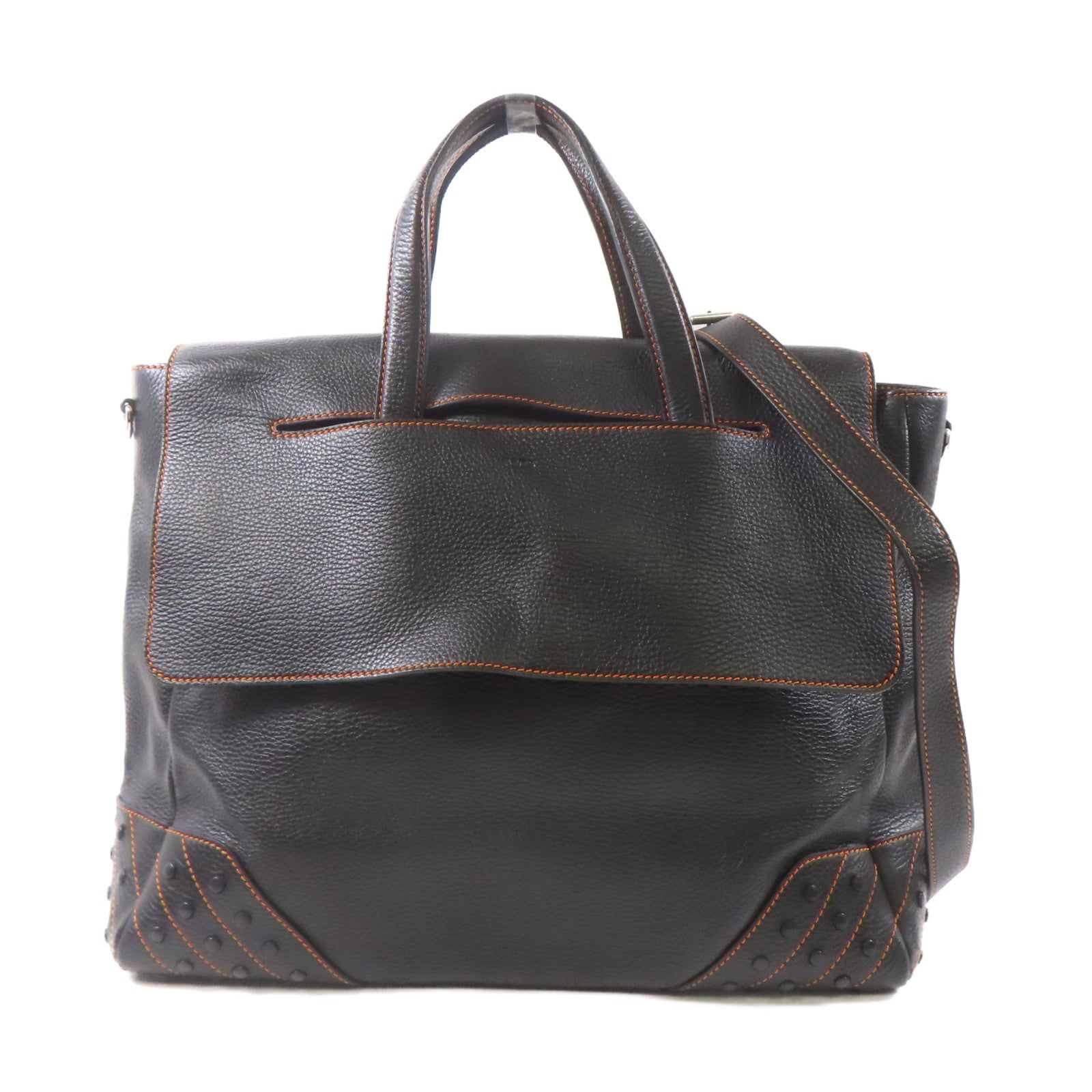 TOD'S 牛皮皮革2 Way Bag銀扣手挽肩背兩用袋黑色