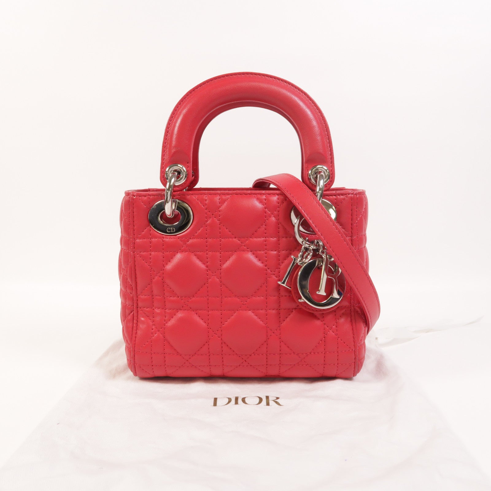 Dior 羊皮皮革Lady Dior Mini銀扣手挽肩背兩用袋