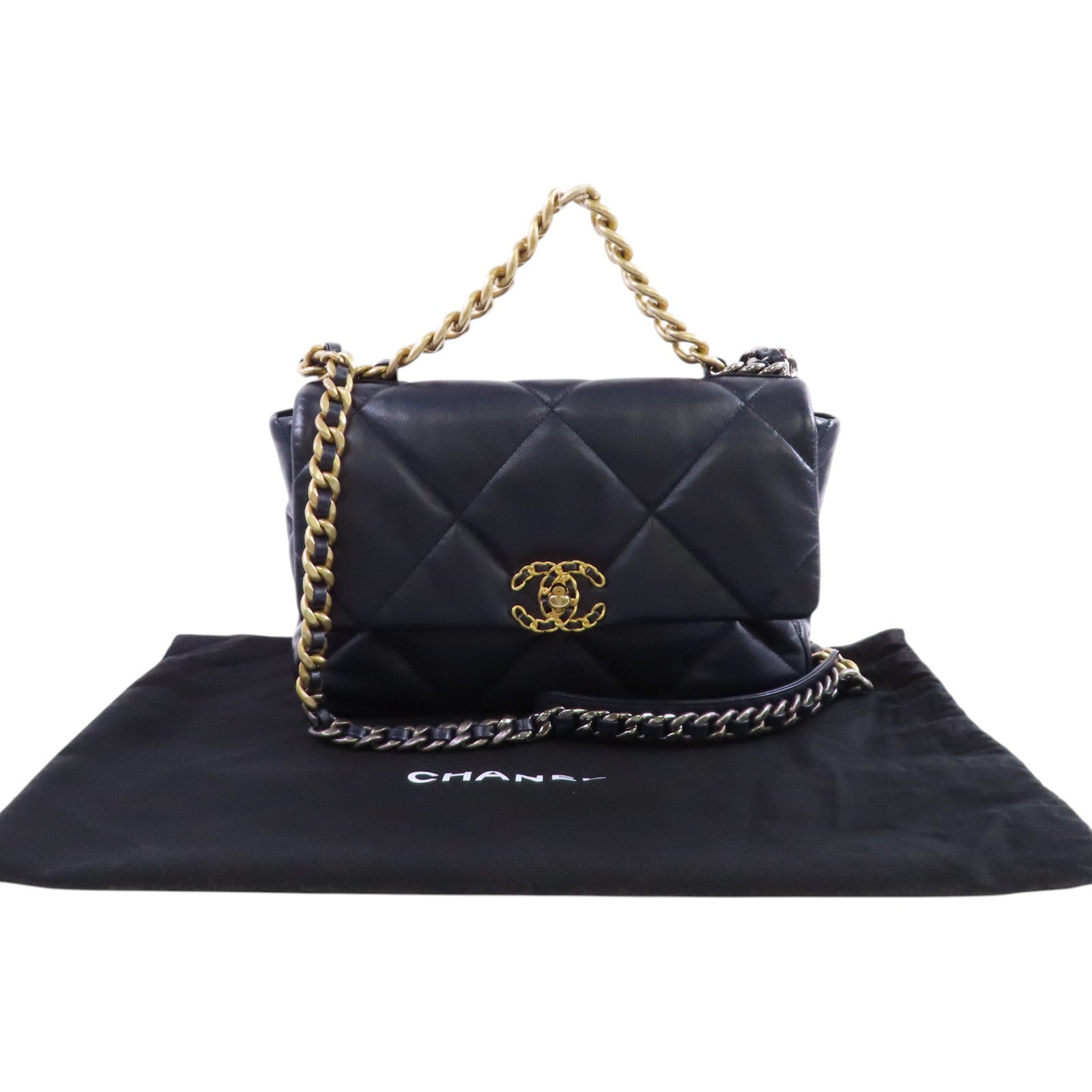 CHANEL 羊皮皮革Chanel 19 2Way Shoulder Bag金扣鏈帶手挽肩背兩用袋