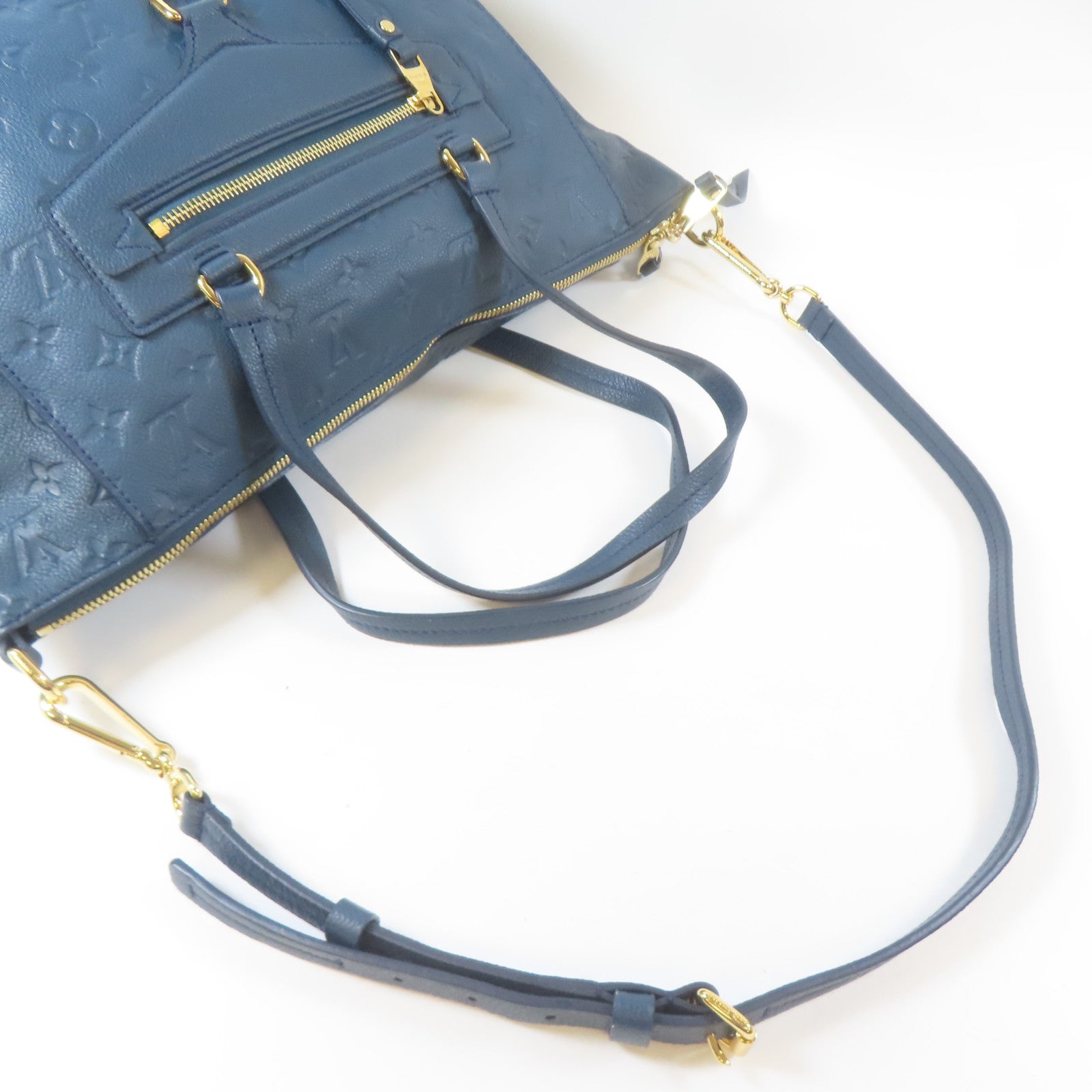 LOUIS VUITTON Monogram Empreinte Lumineuse PM金扣手挽肩背兩用袋藍色