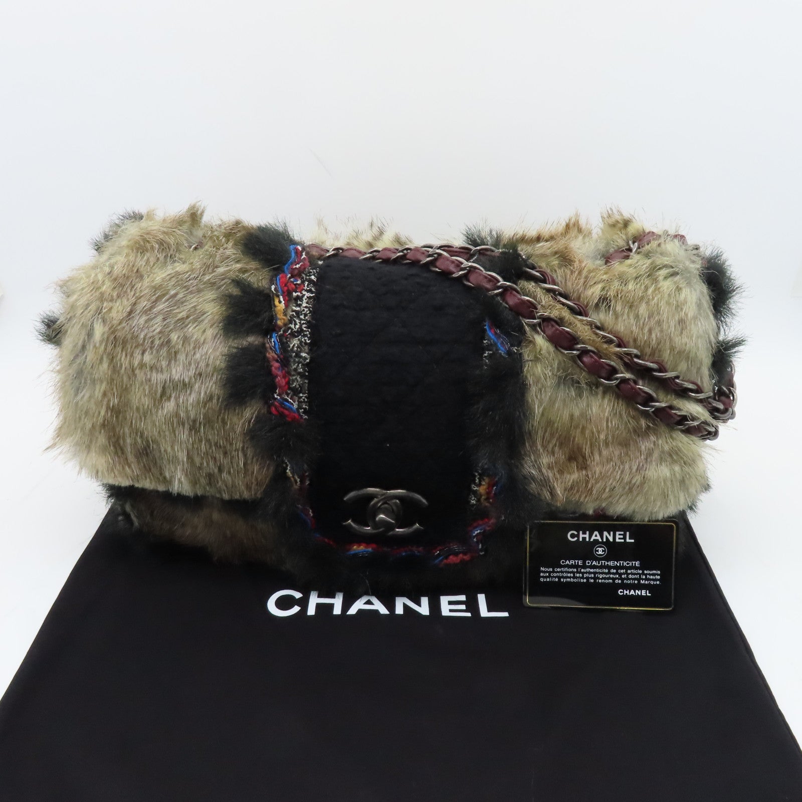 CHANEL 【清倉大減價】毛皮/斜紋軟呢Chain Shoulder銀扣鏈帶肩背袋黑色