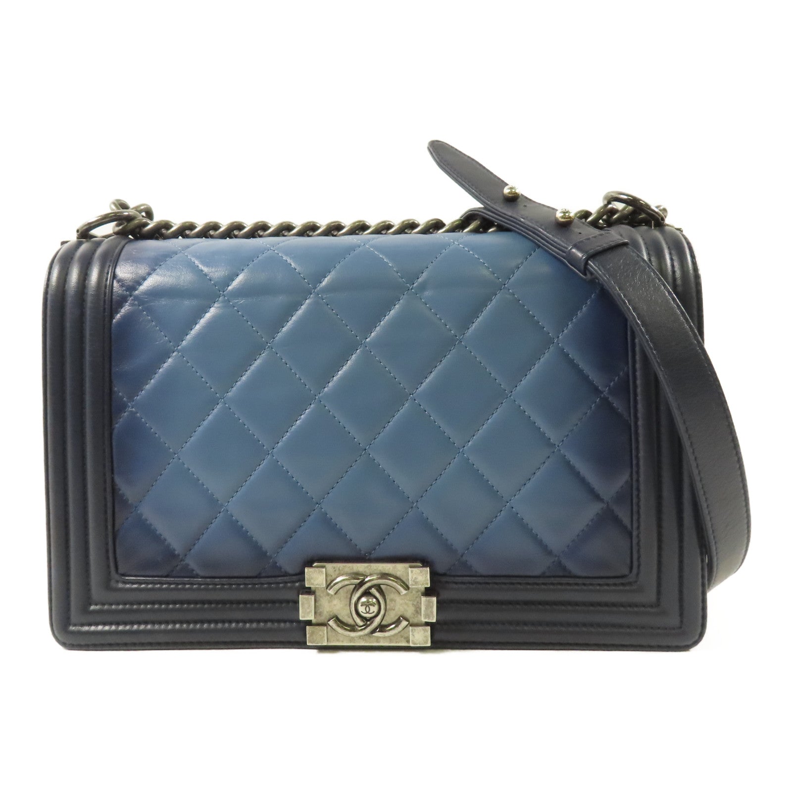 CHANEL CC GHW Boy 28cm Chain Shoulder Bag Calfskin Leather Blue