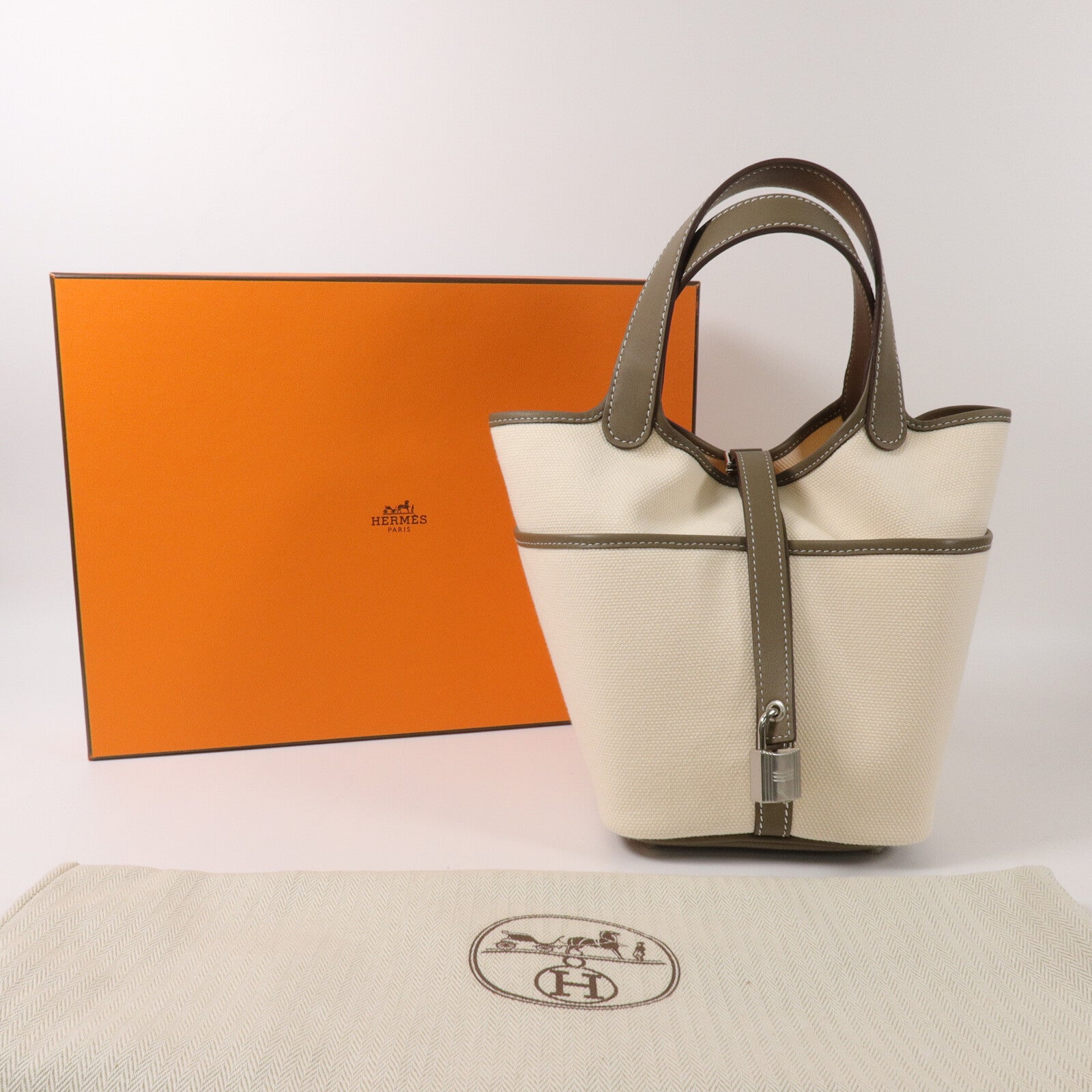 HERMES 帆布/Swift皮革Picotin PM手挽袋Etoupe