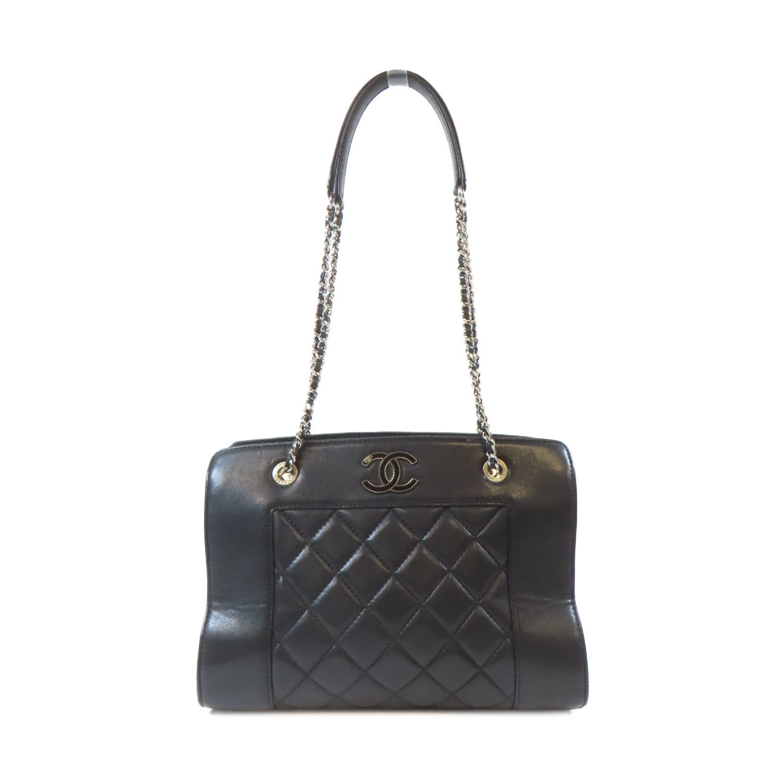 CHANEL 菱格牛皮皮革Mademoiselle Vintage Tote銀扣鏈帶肩背袋黑色