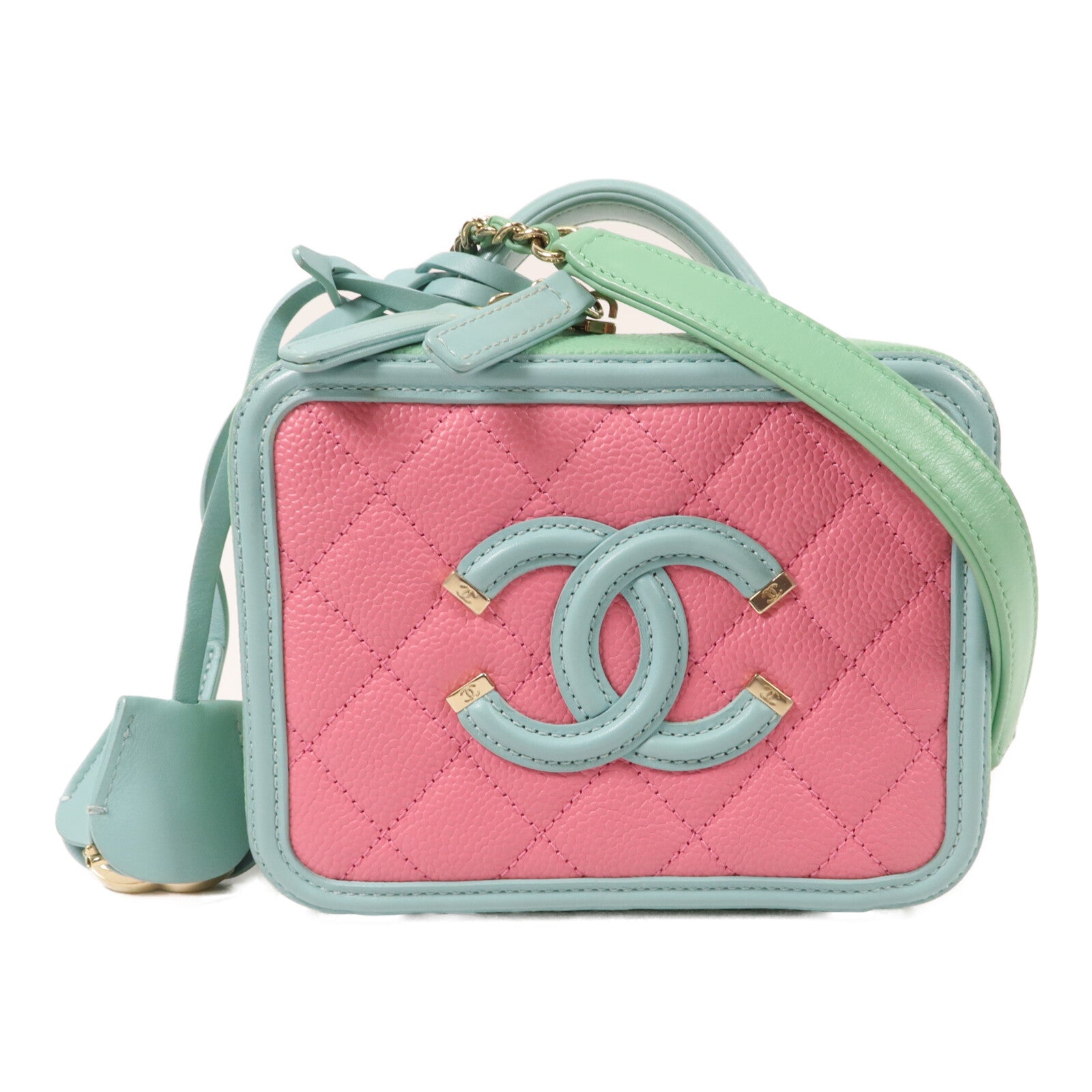 CHANEL 牛皮皮革CC Fillgree Vanity Case鏈帶手挽肩背兩用袋