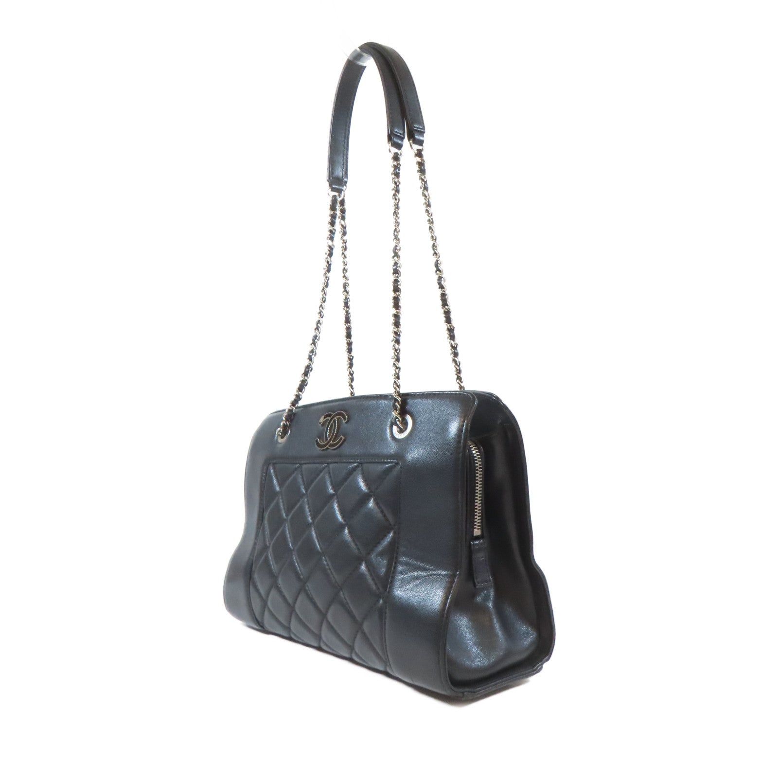 CHANEL 菱格牛皮皮革Mademoiselle Vintage Tote銀扣鏈帶肩背袋黑色