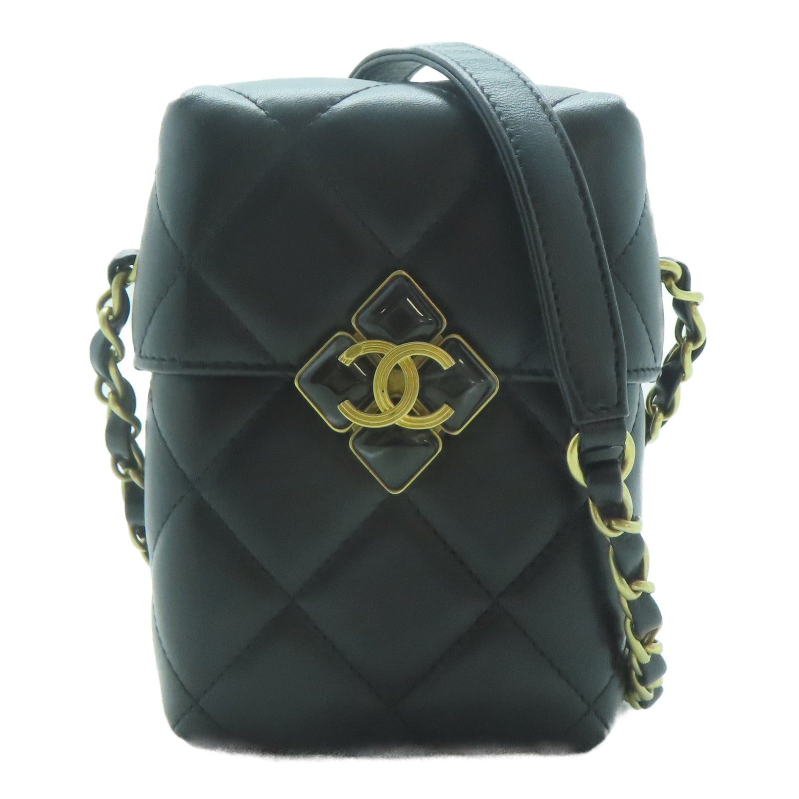 CHANEL 【激減優惠】菱格羊皮皮革Plexi Box Bag金扣鏈帶肩背袋黑色