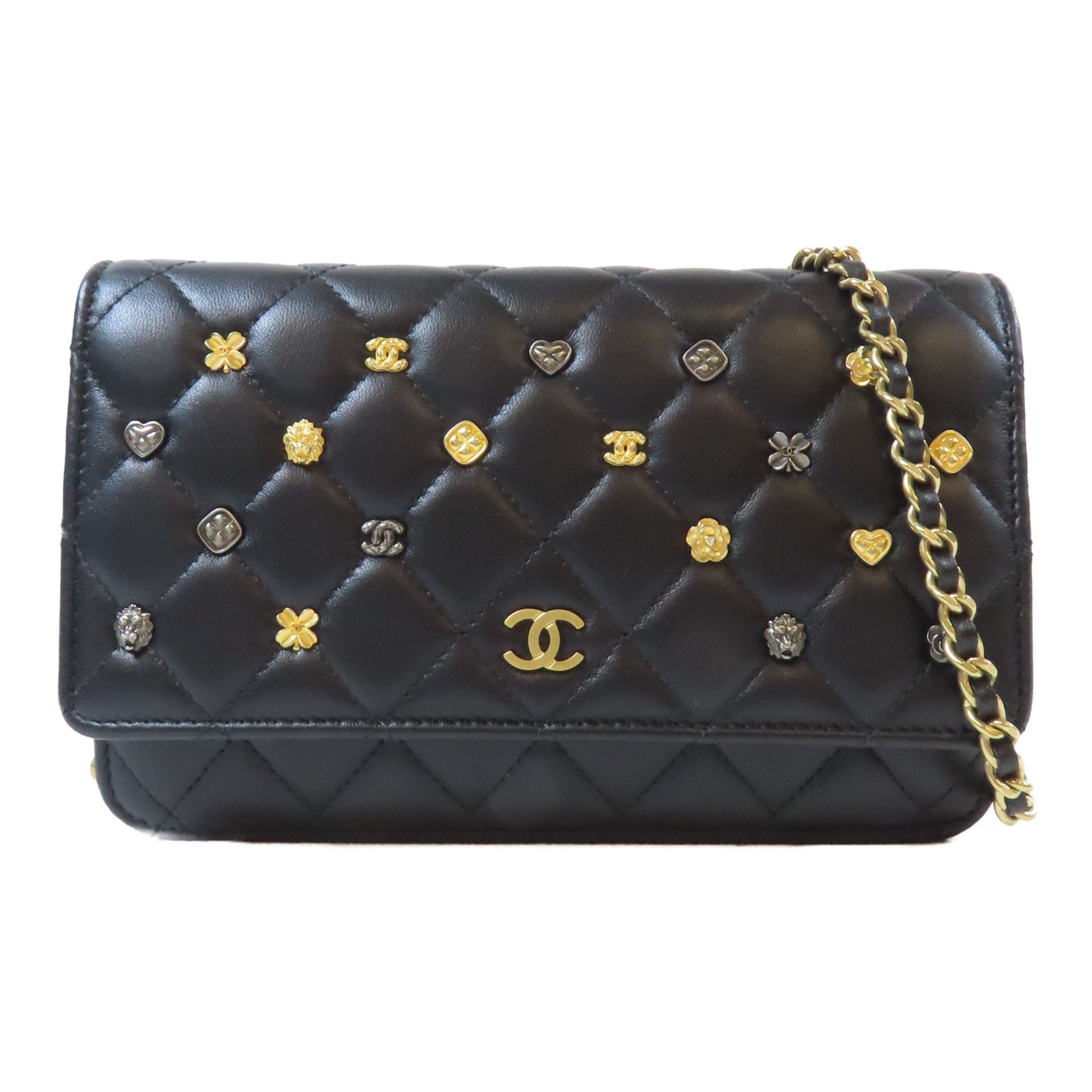 CHANEL 菱格羊皮皮革Lucky Charms WOC金扣鏈帶肩背袋黑色