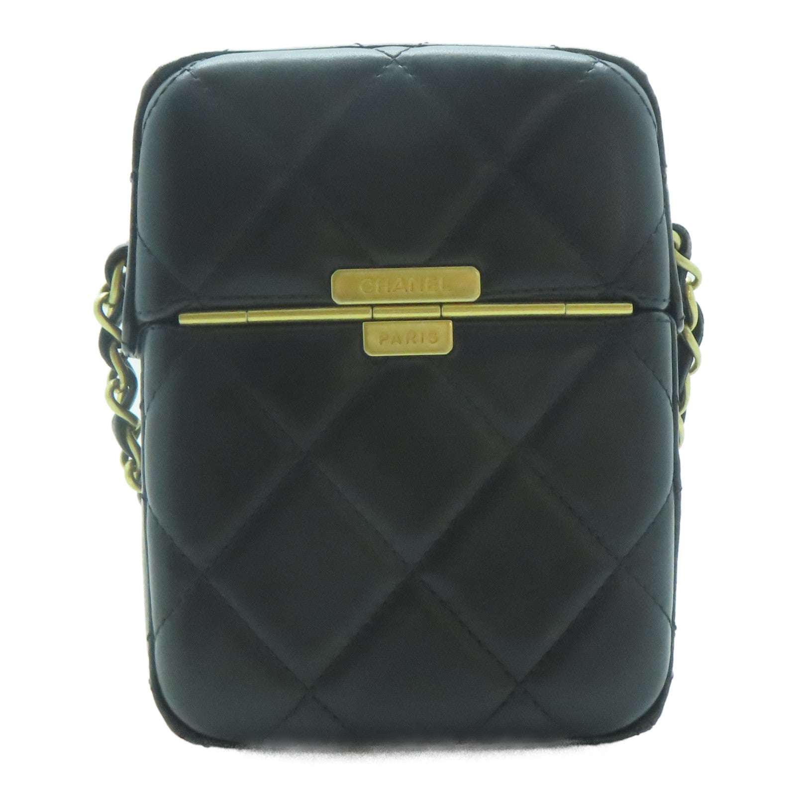 CHANEL 【激減優惠】菱格羊皮皮革Plexi Box Bag金扣鏈帶肩背袋黑色