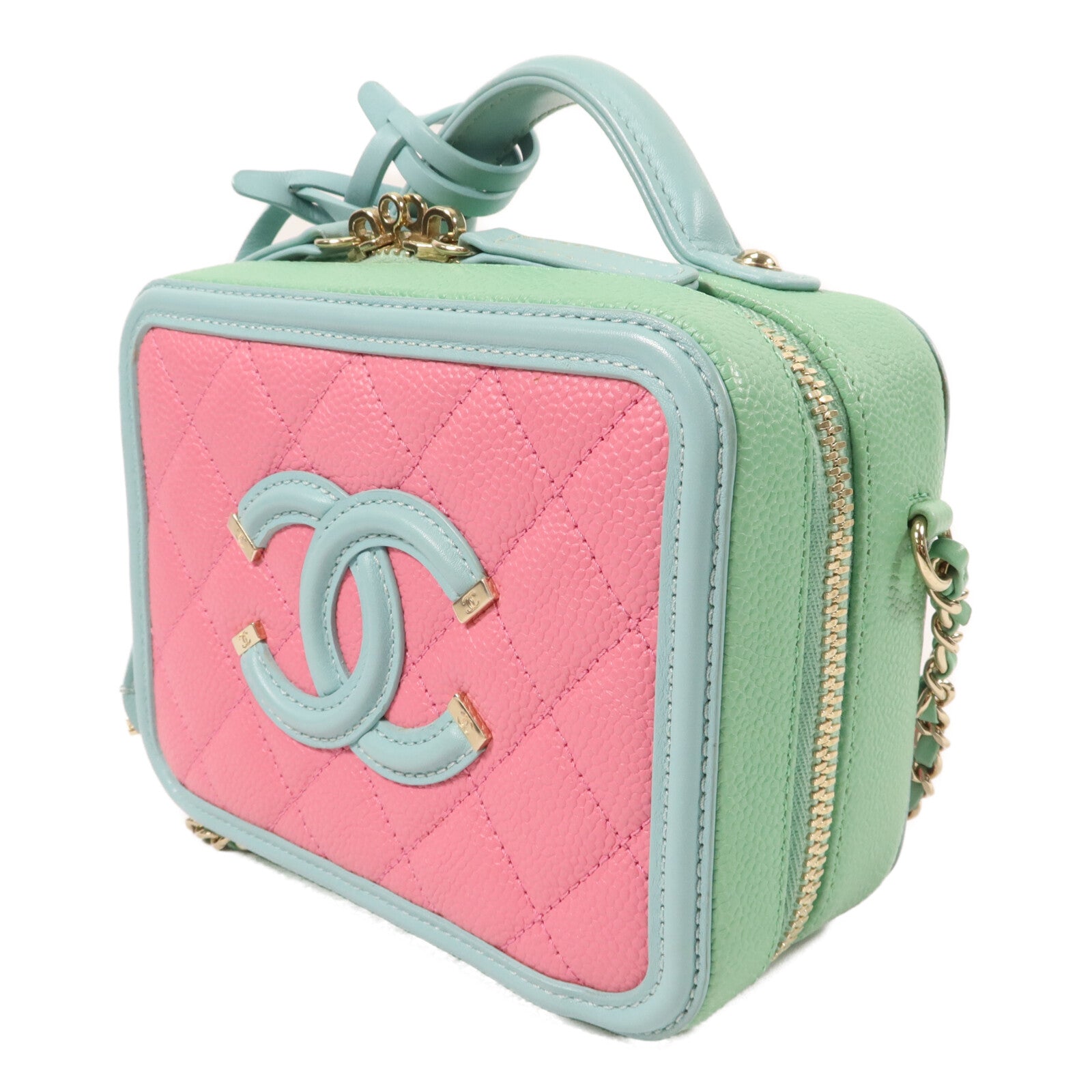 CHANEL 牛皮皮革CC Fillgree Vanity Case鏈帶手挽肩背兩用袋