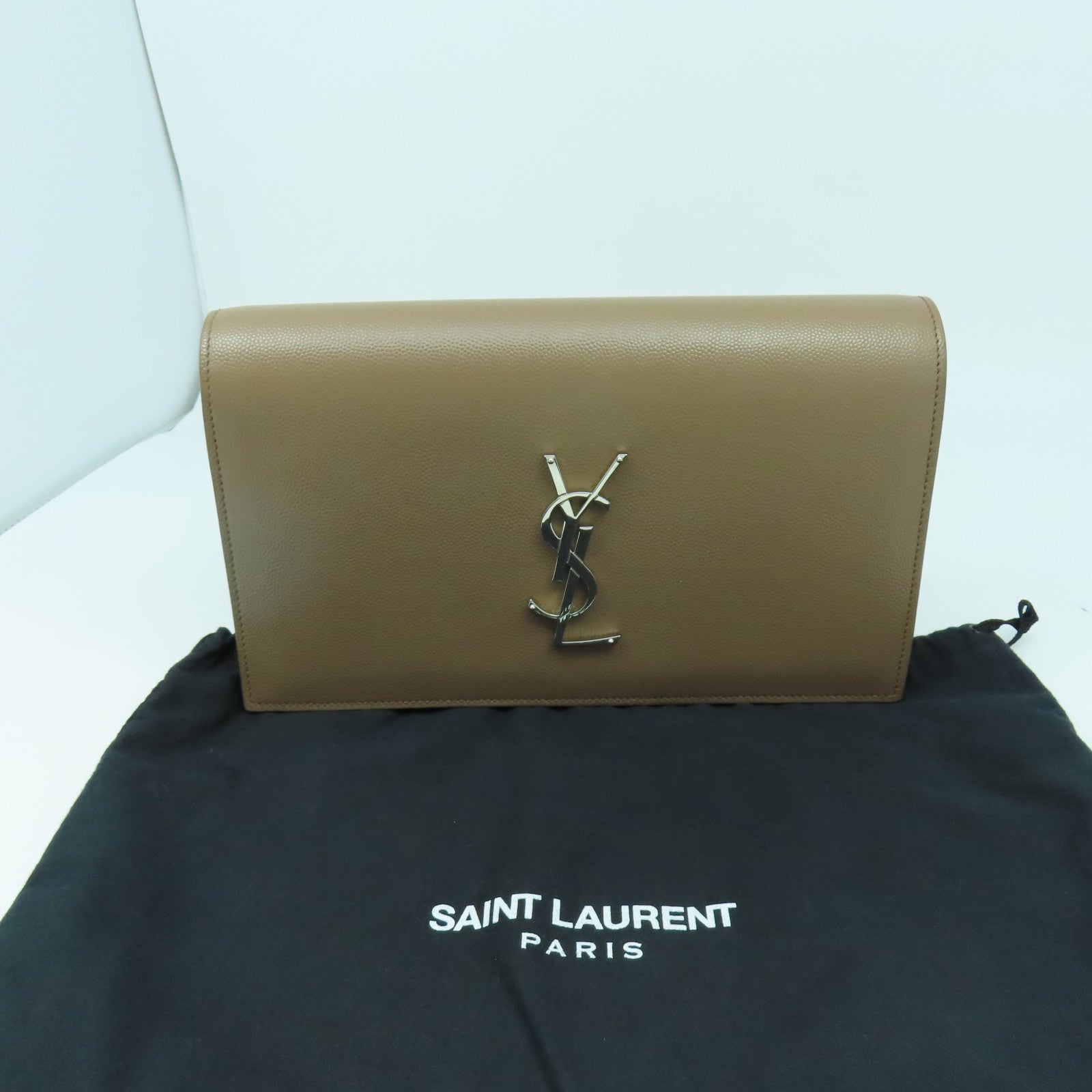 SAINT LAURENT 【激減優惠】牛皮皮革Clutch Bag銀扣手拿包啡色