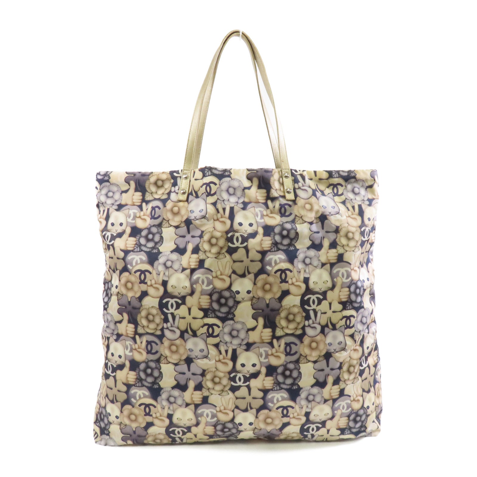 CHANEL 【激減優惠】菱格尼龍Tote Bag金扣肩背袋米色/深藍色