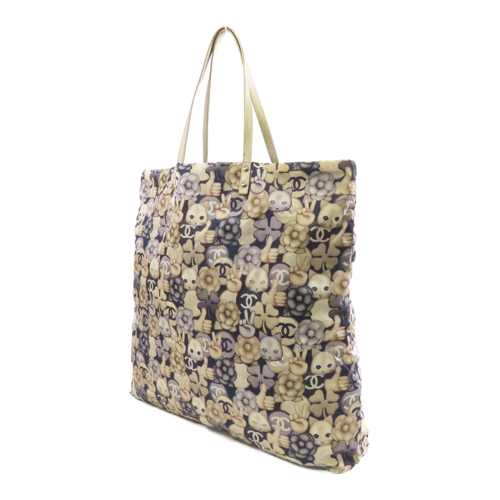 CHANEL 【激減優惠】菱格尼龍Tote Bag金扣肩背袋米色/深藍色